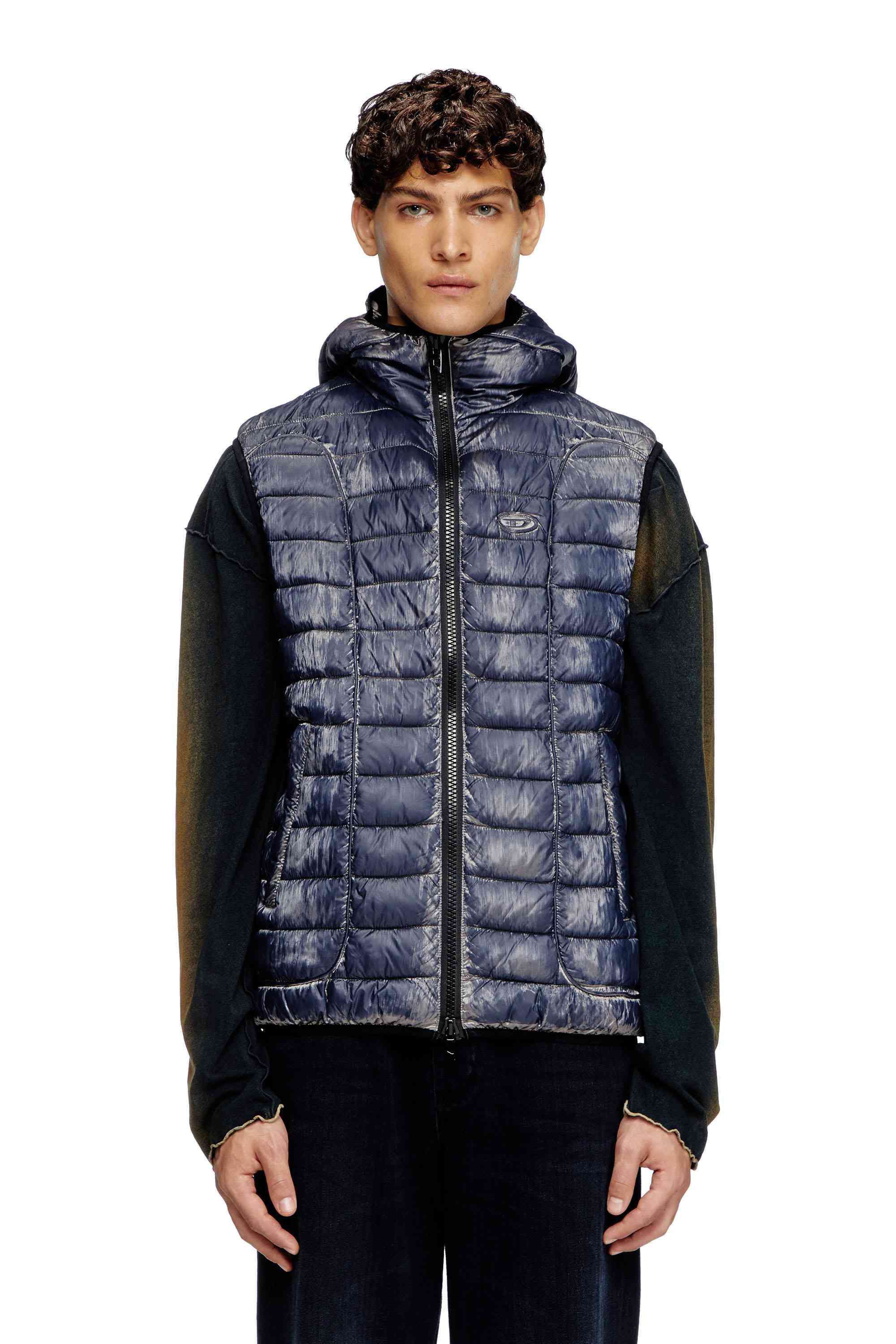 Blue Hooded puffer vest in metallic nylon