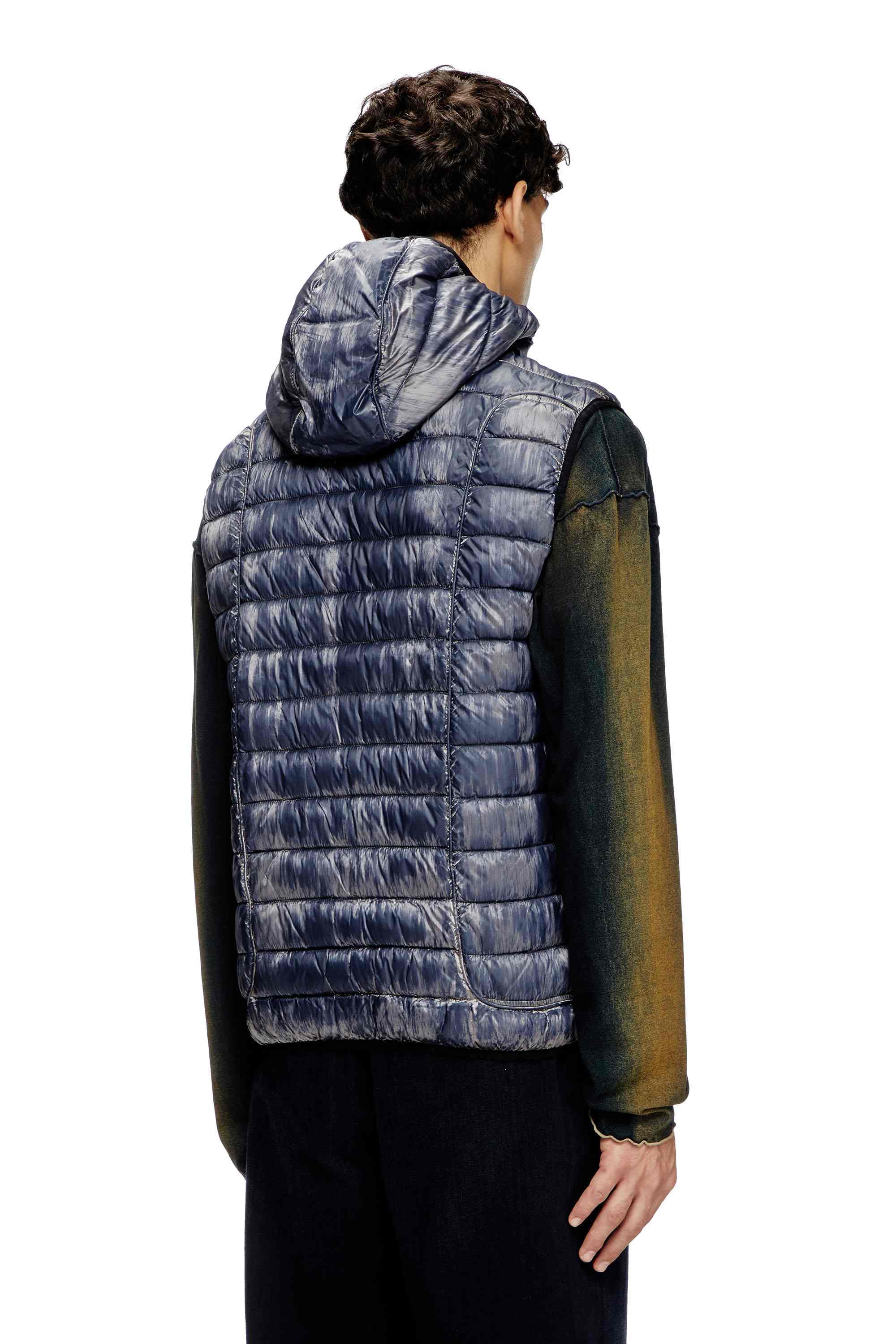 Blue Hooded puffer vest in metallic nylon