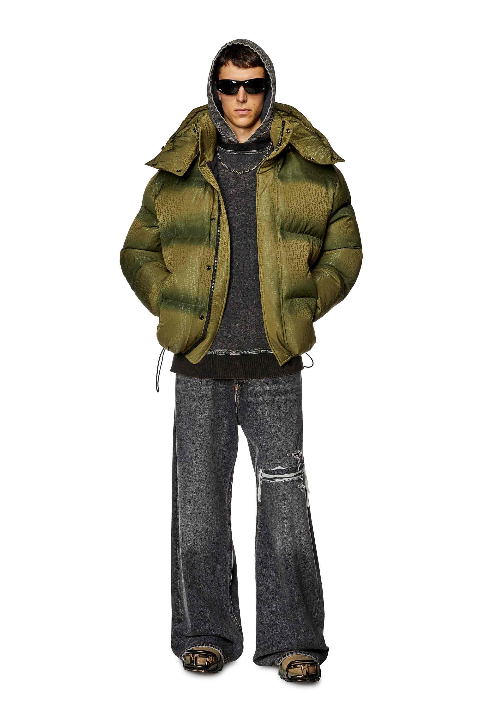 Green Puffer jacket with monogram motif