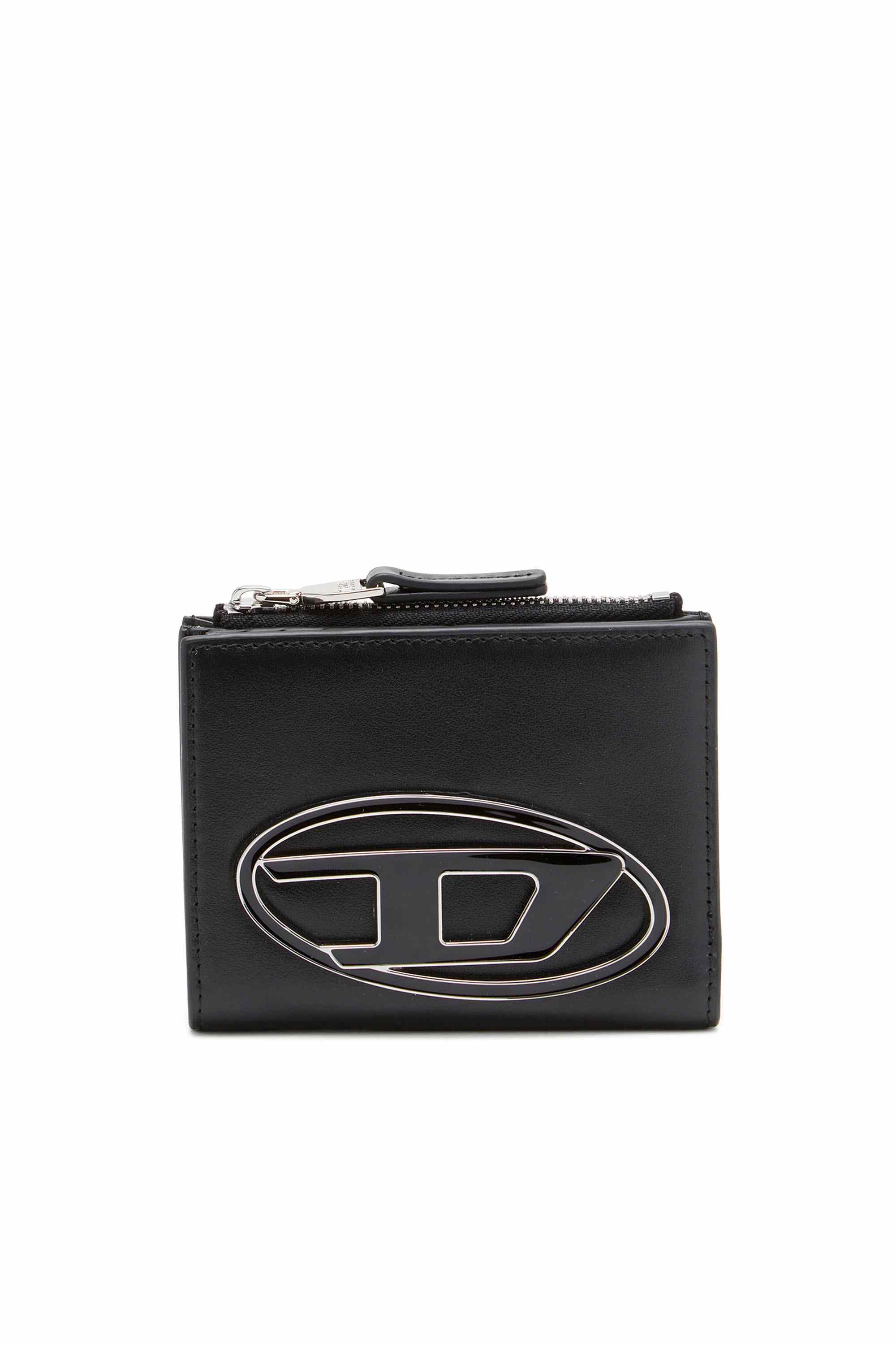 Black Small leather wallet with logo plaque
