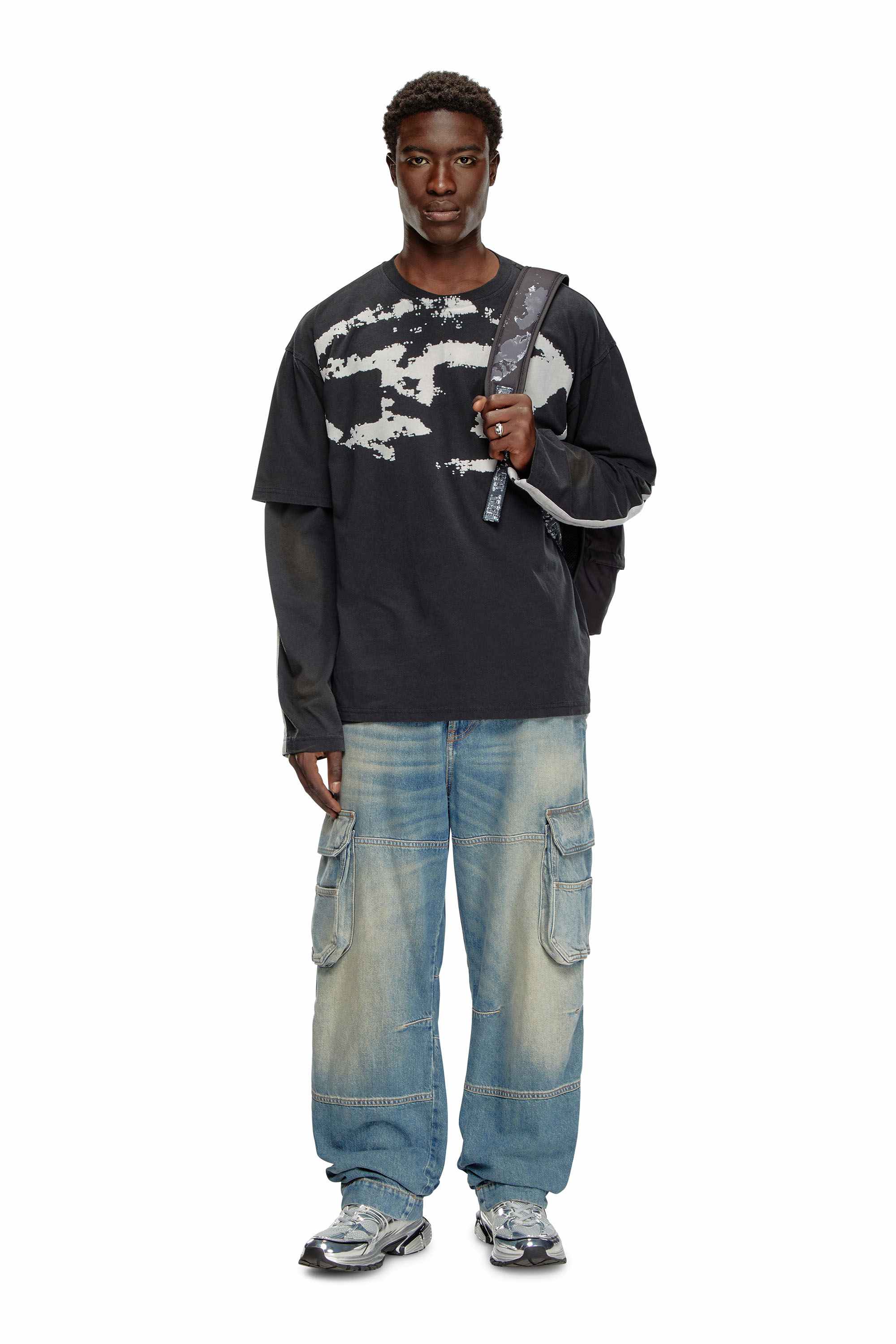 Black T-shirt with distressed flocked logo