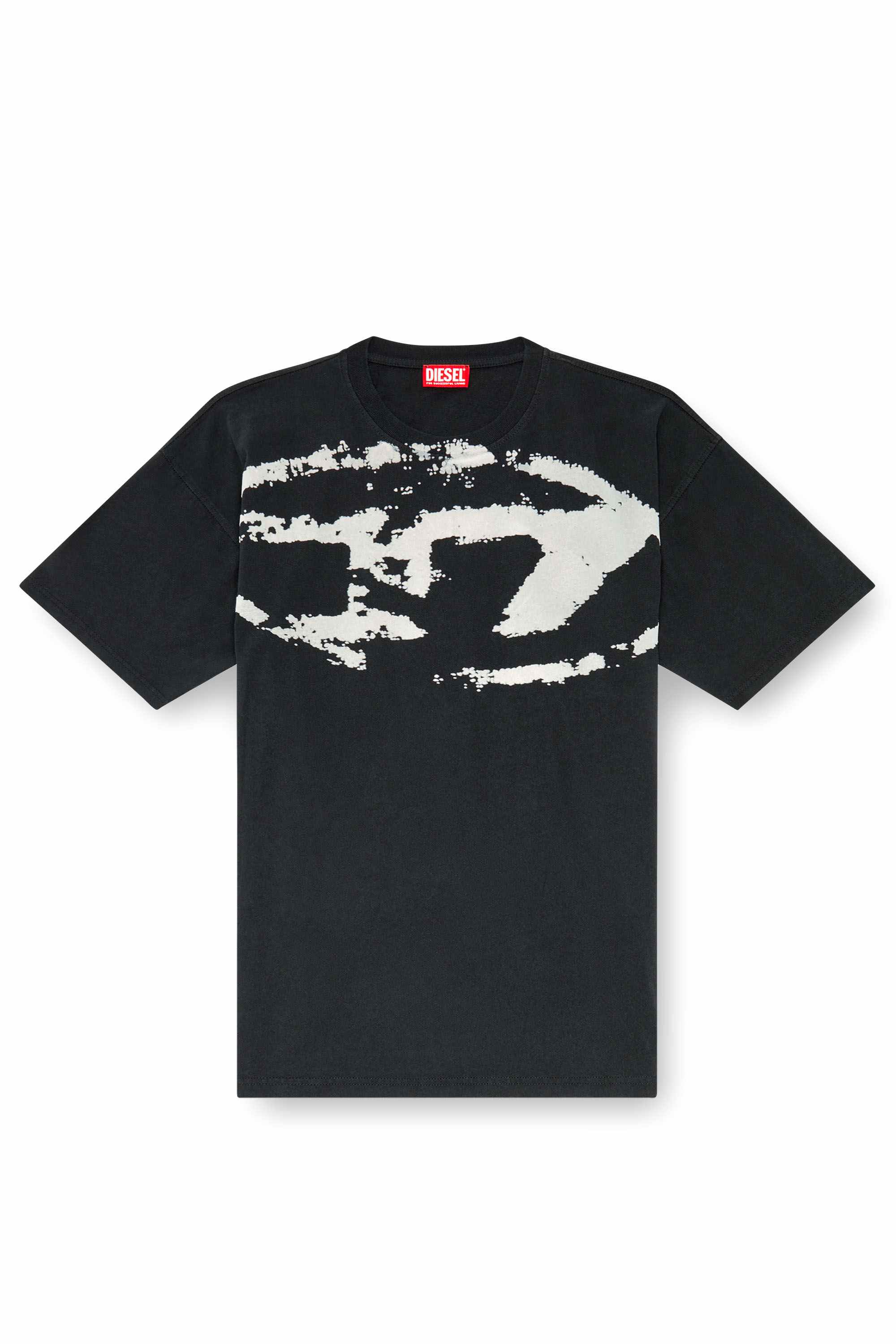 Black T-shirt with distressed flocked logo