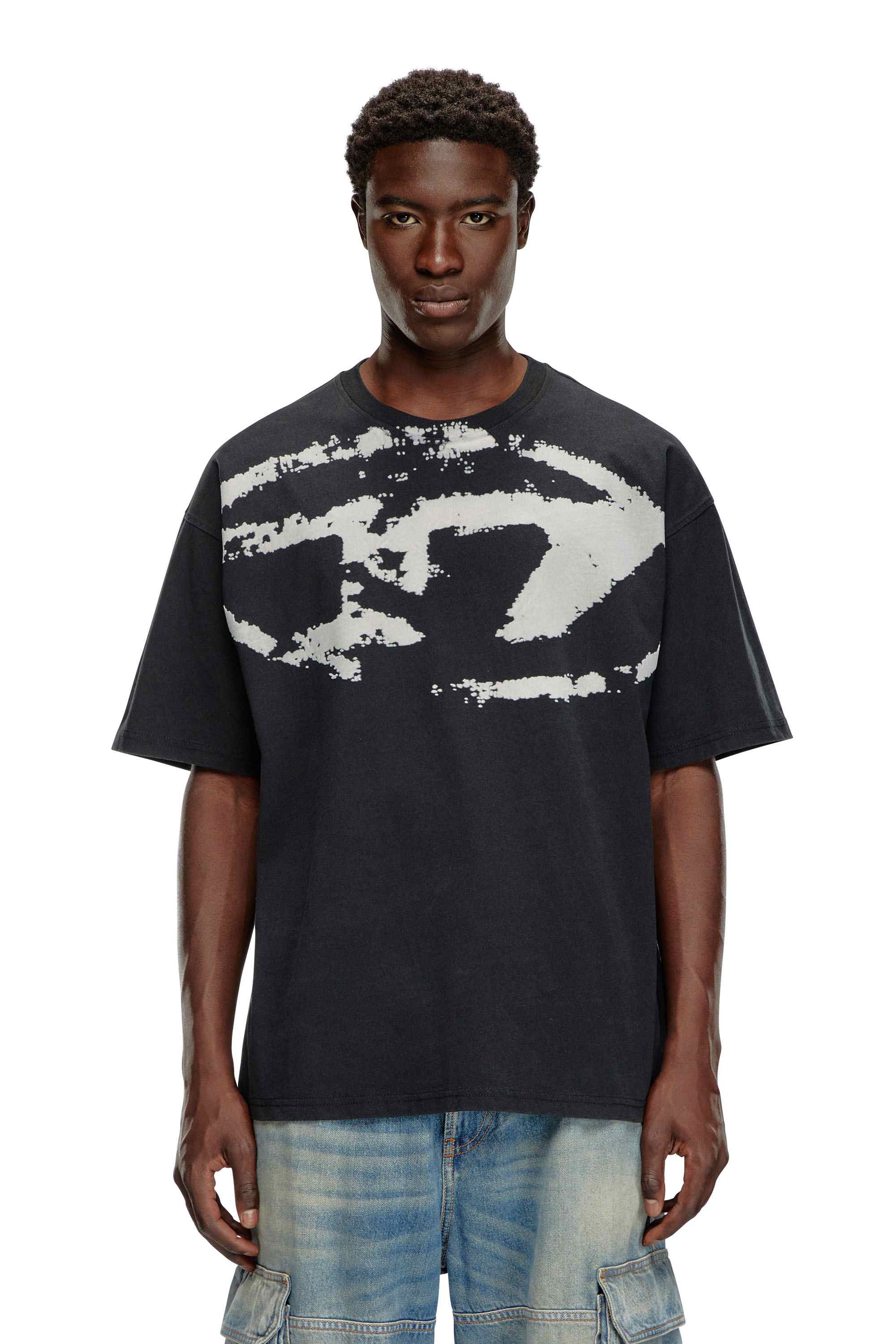Black T-shirt with distressed flocked logo