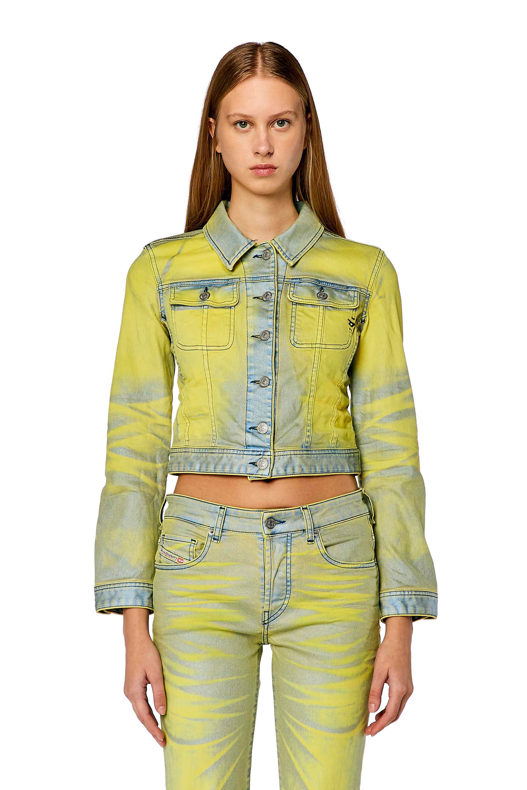 Blue Trucker jacket in bicolour laminated denim