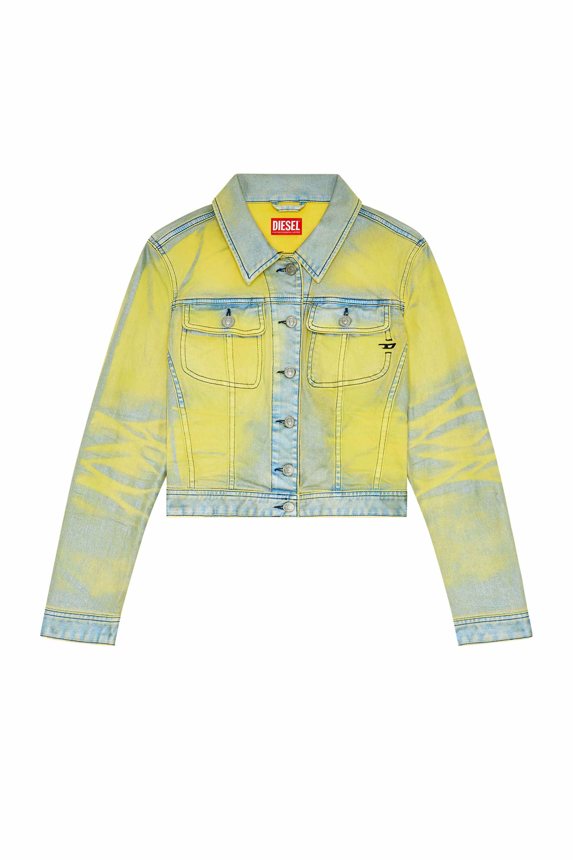 Blue Trucker jacket in bicolour laminated denim