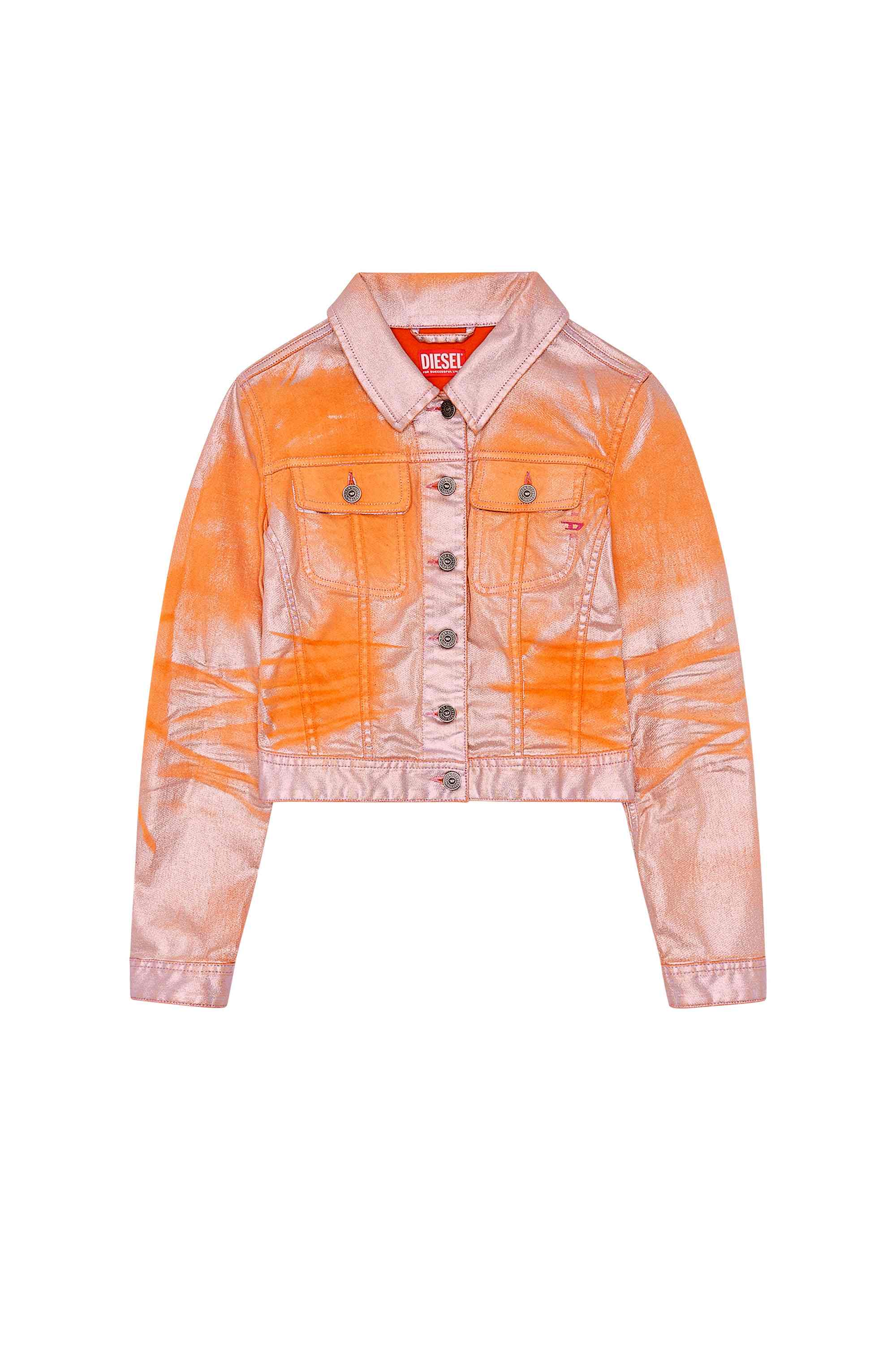 Orange Trucker jacket in bicolour laminated denim