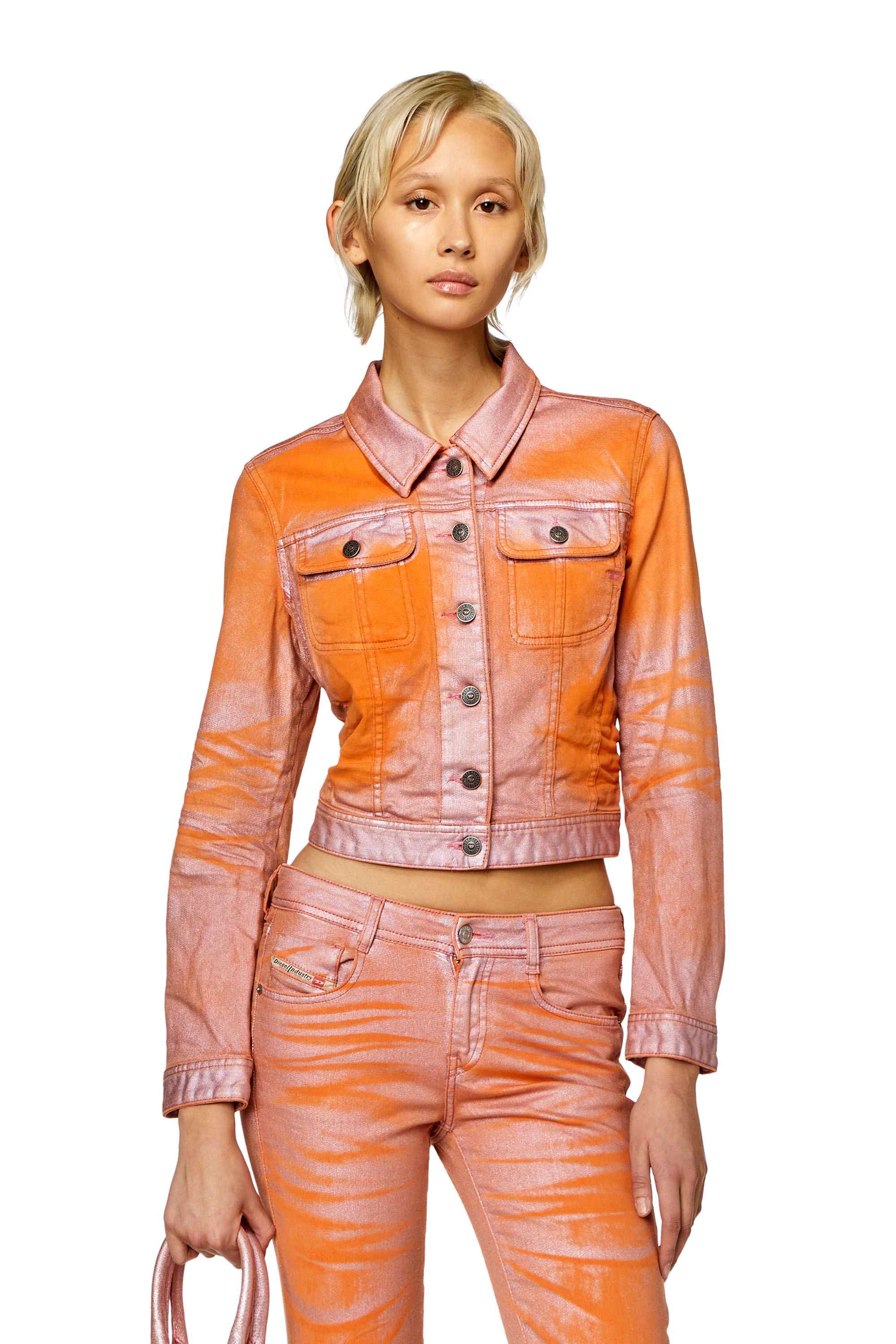 Orange Trucker jacket in bicolour laminated denim