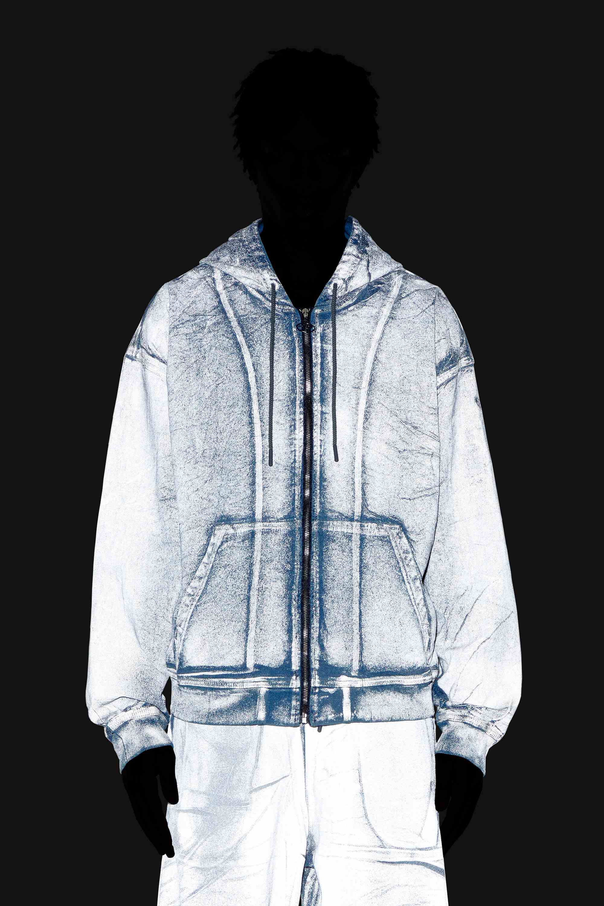 Blue Zip-up hoodie in printed Track Denim