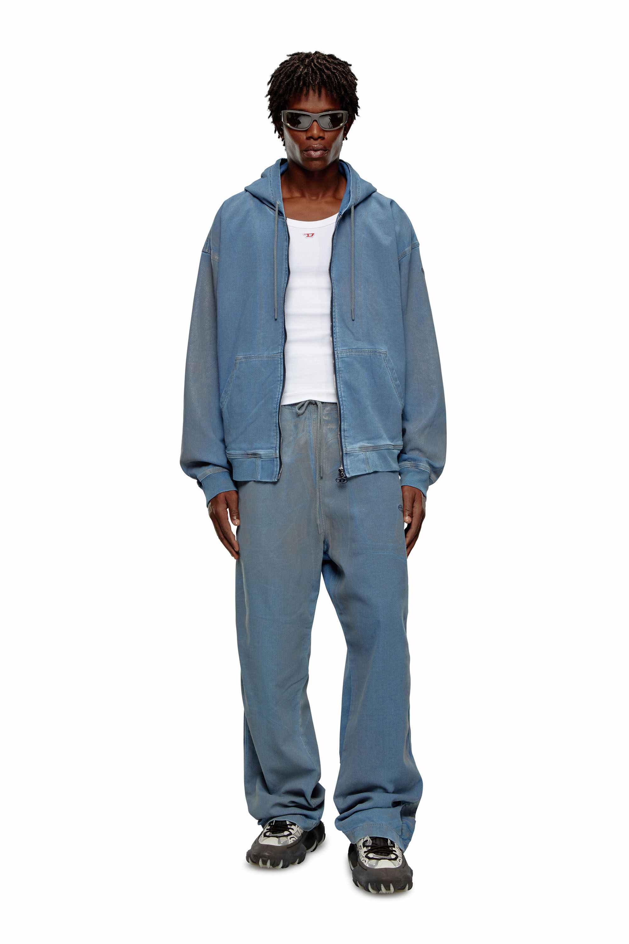 Blue Zip-up hoodie in printed Track Denim