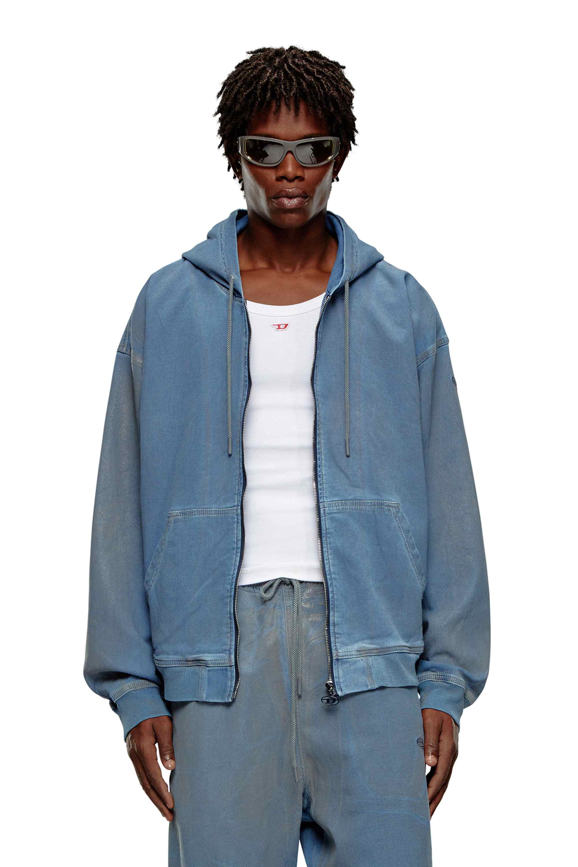 Blue Zip-up hoodie in printed Track Denim