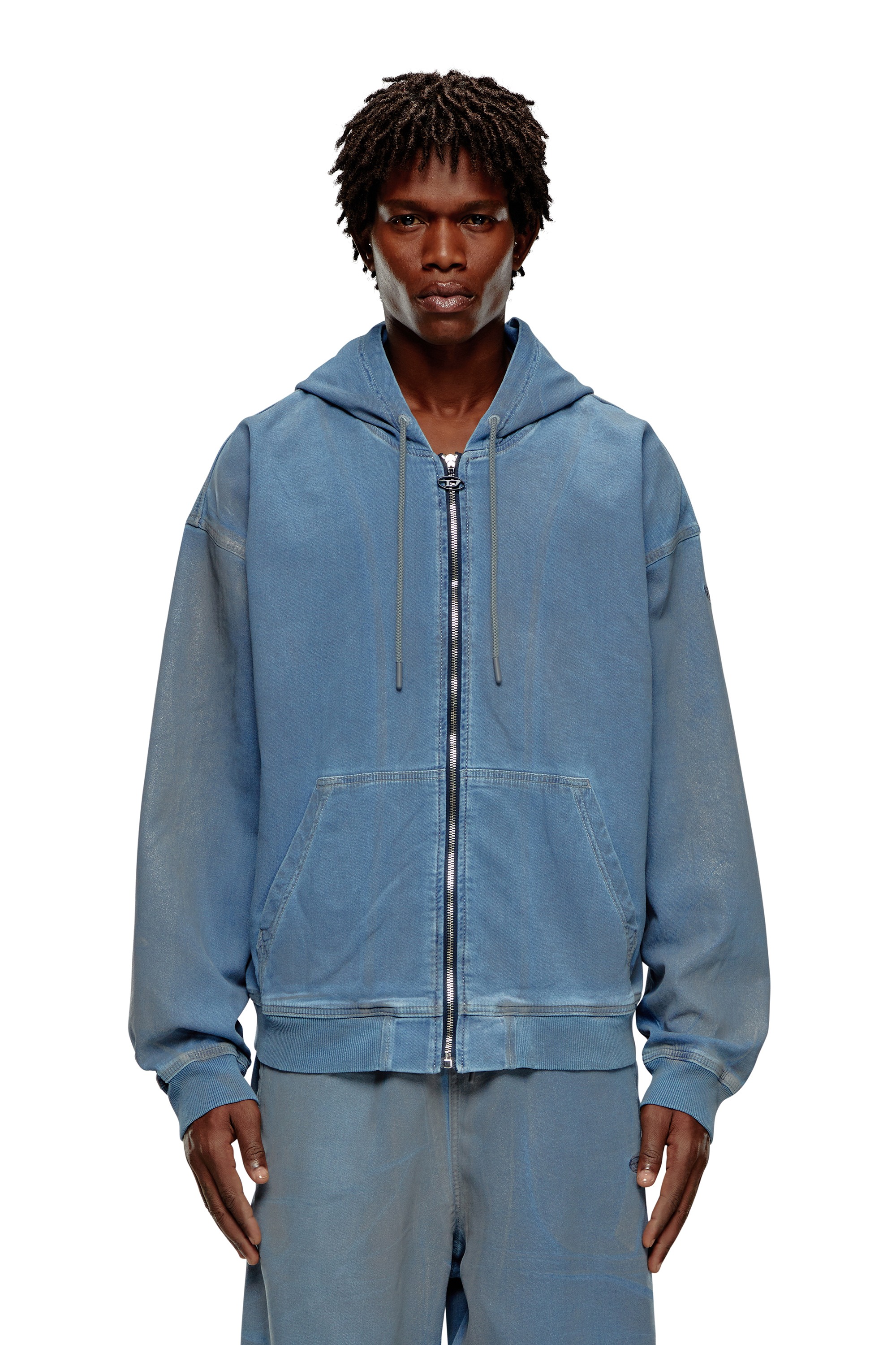 Blue Zip-up hoodie in printed Track Denim