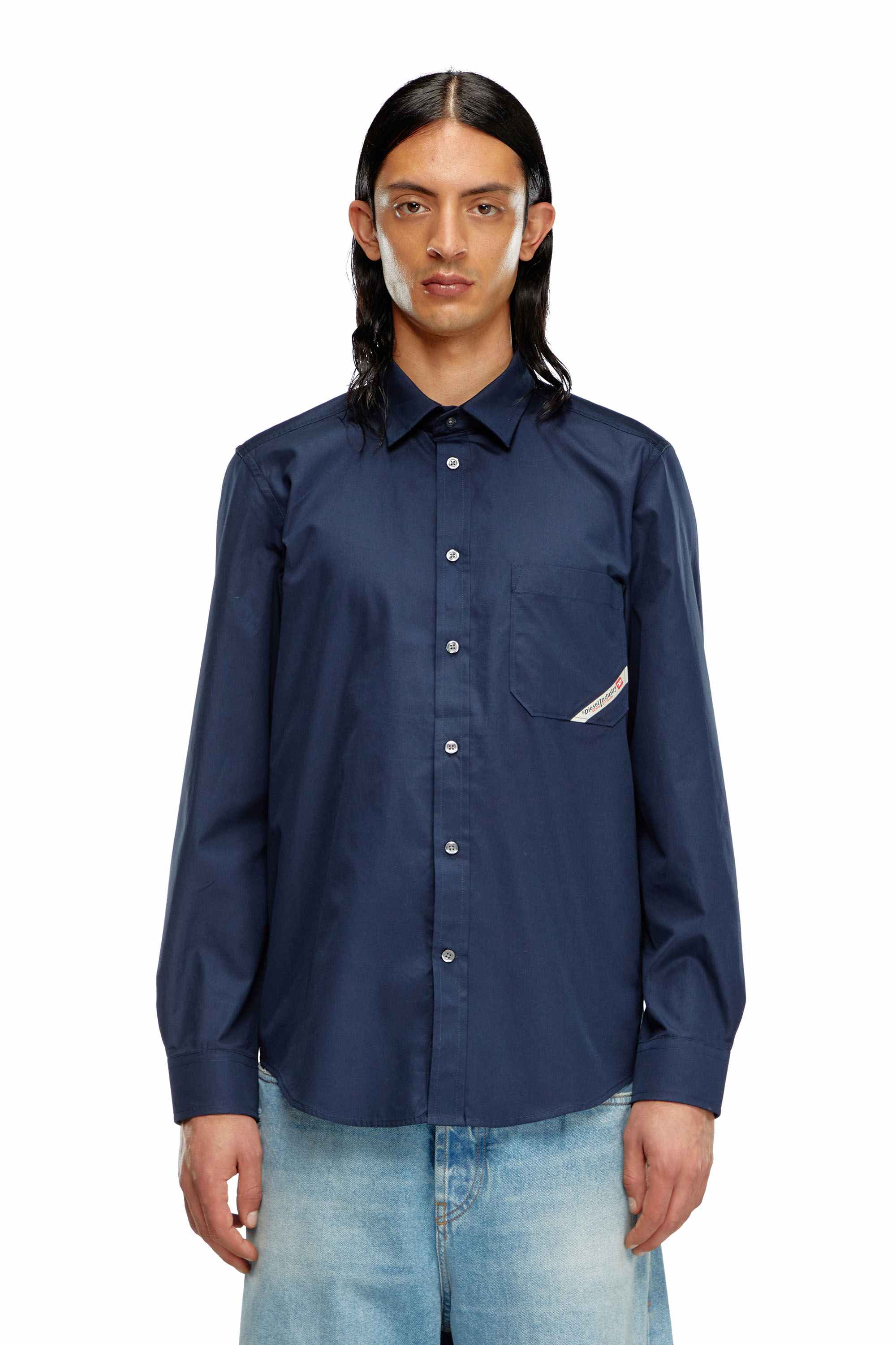 Blue Cotton shirt with logo pocket