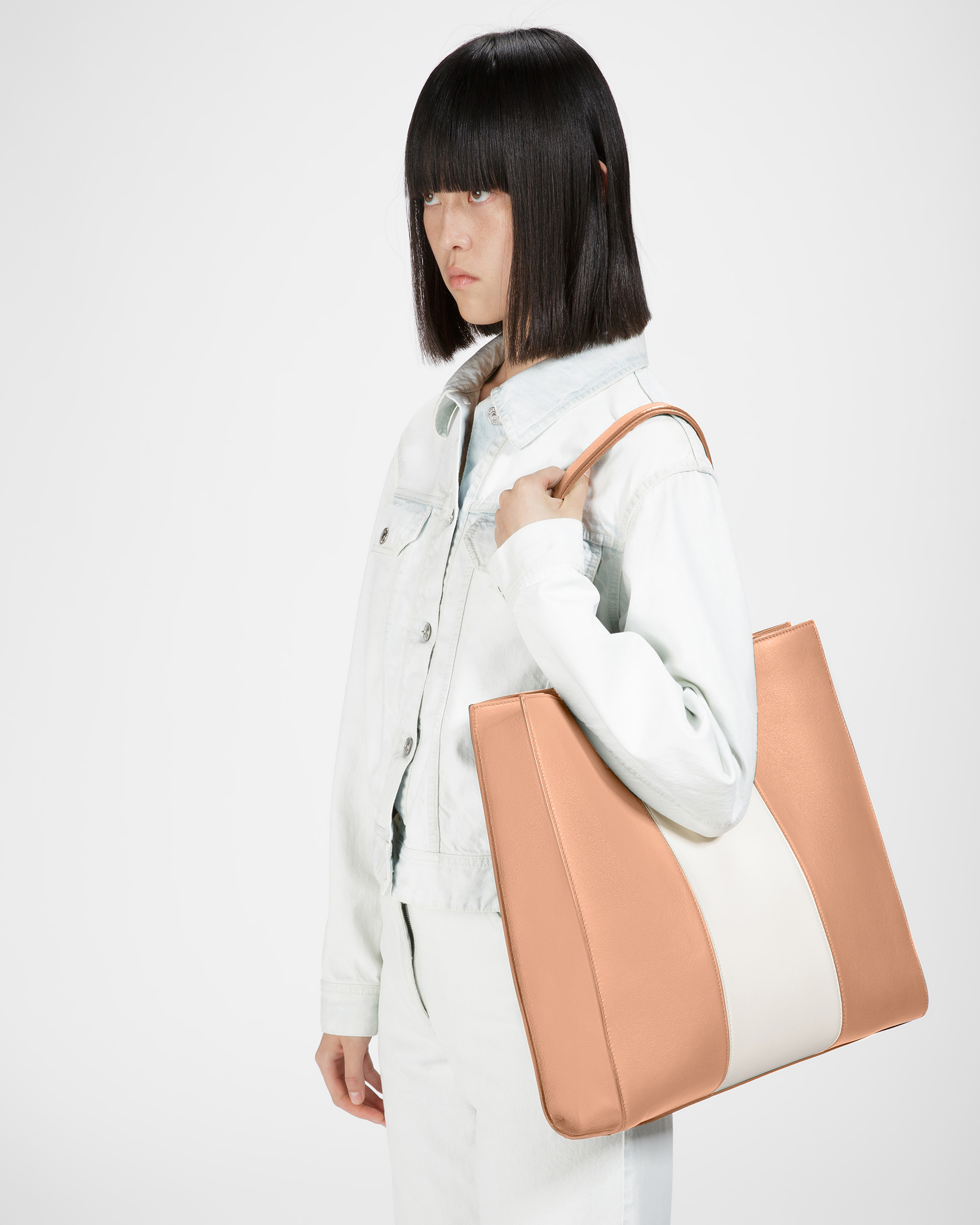 Crystalia Leather Tote In Peach And Bone