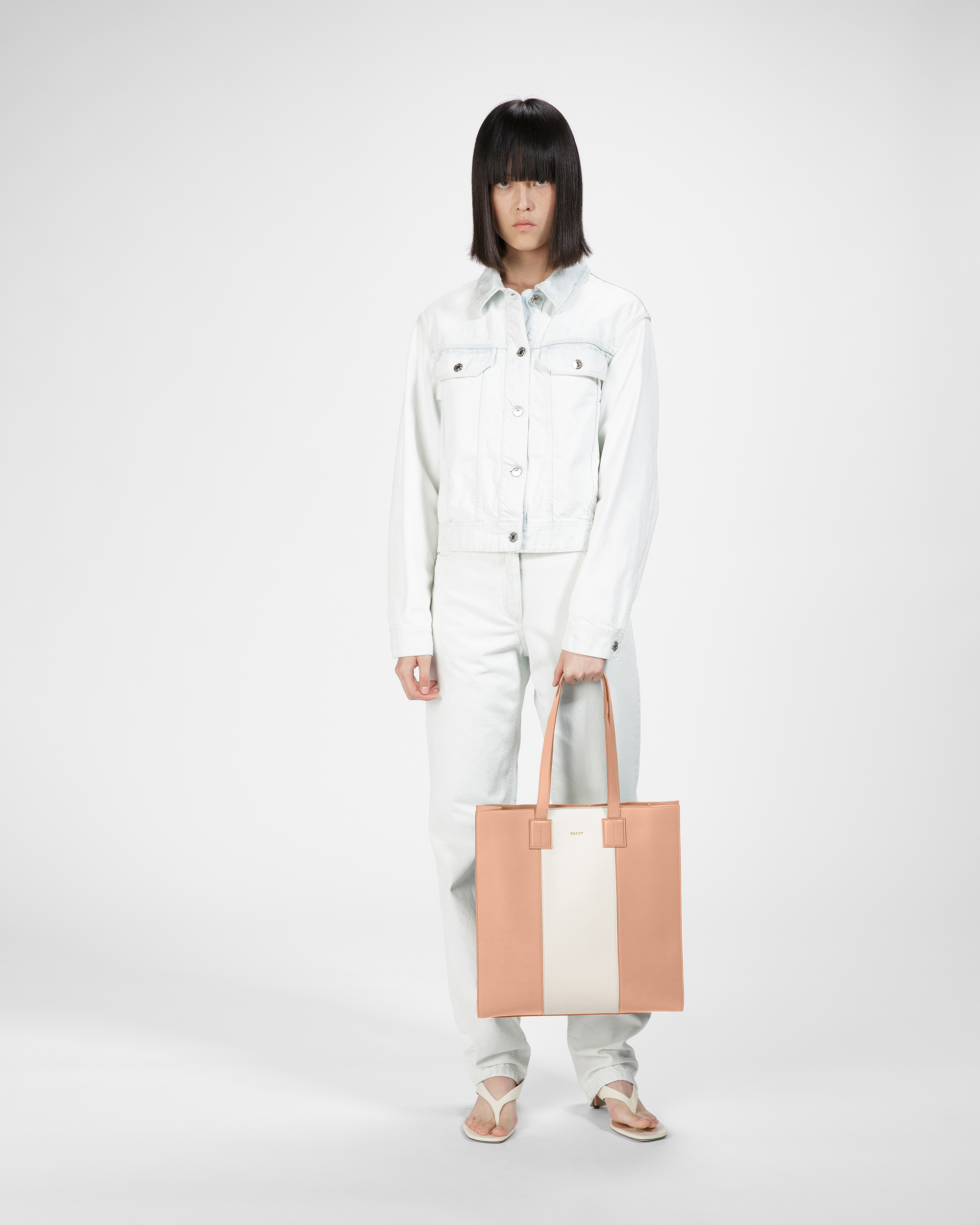 Crystalia Leather Tote In Peach And Bone