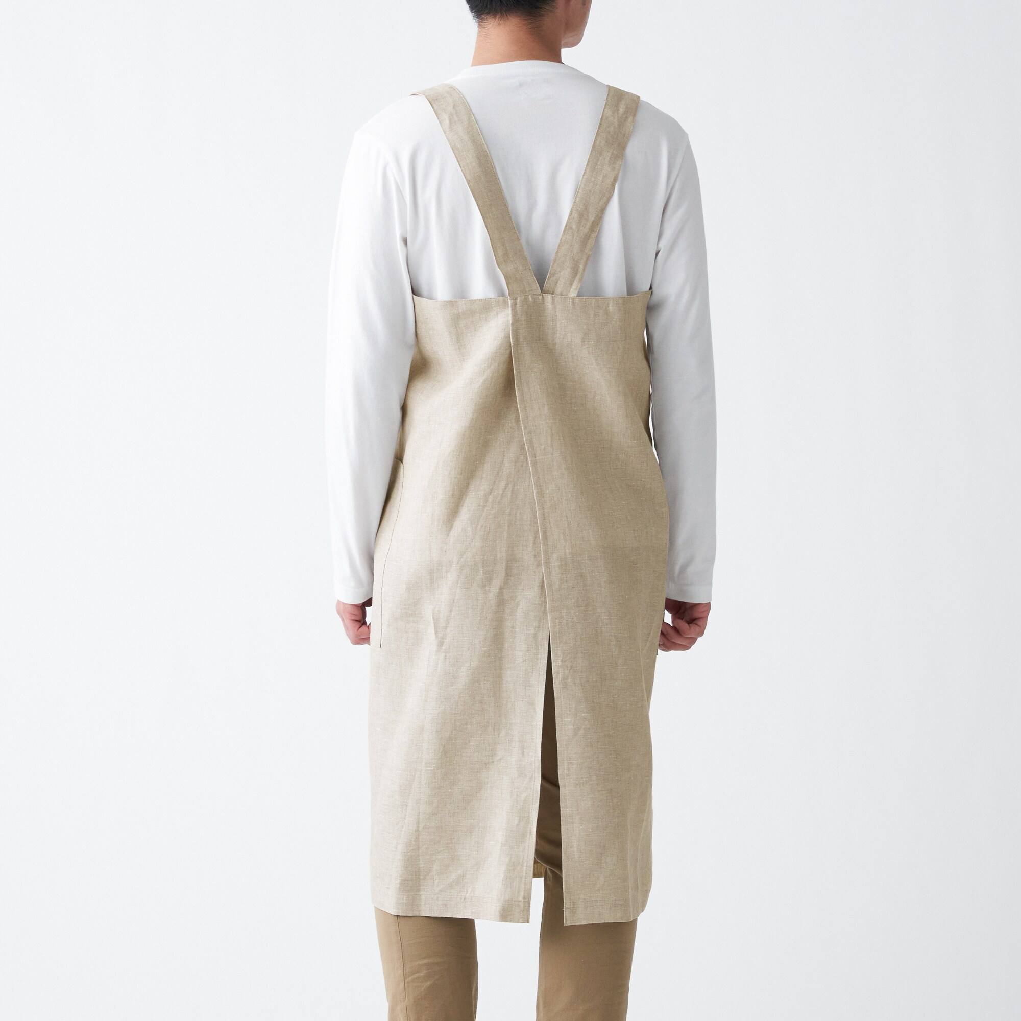 LINEN PLAIN WEAVE SHOULDER STRAP APRON / L / ECRU