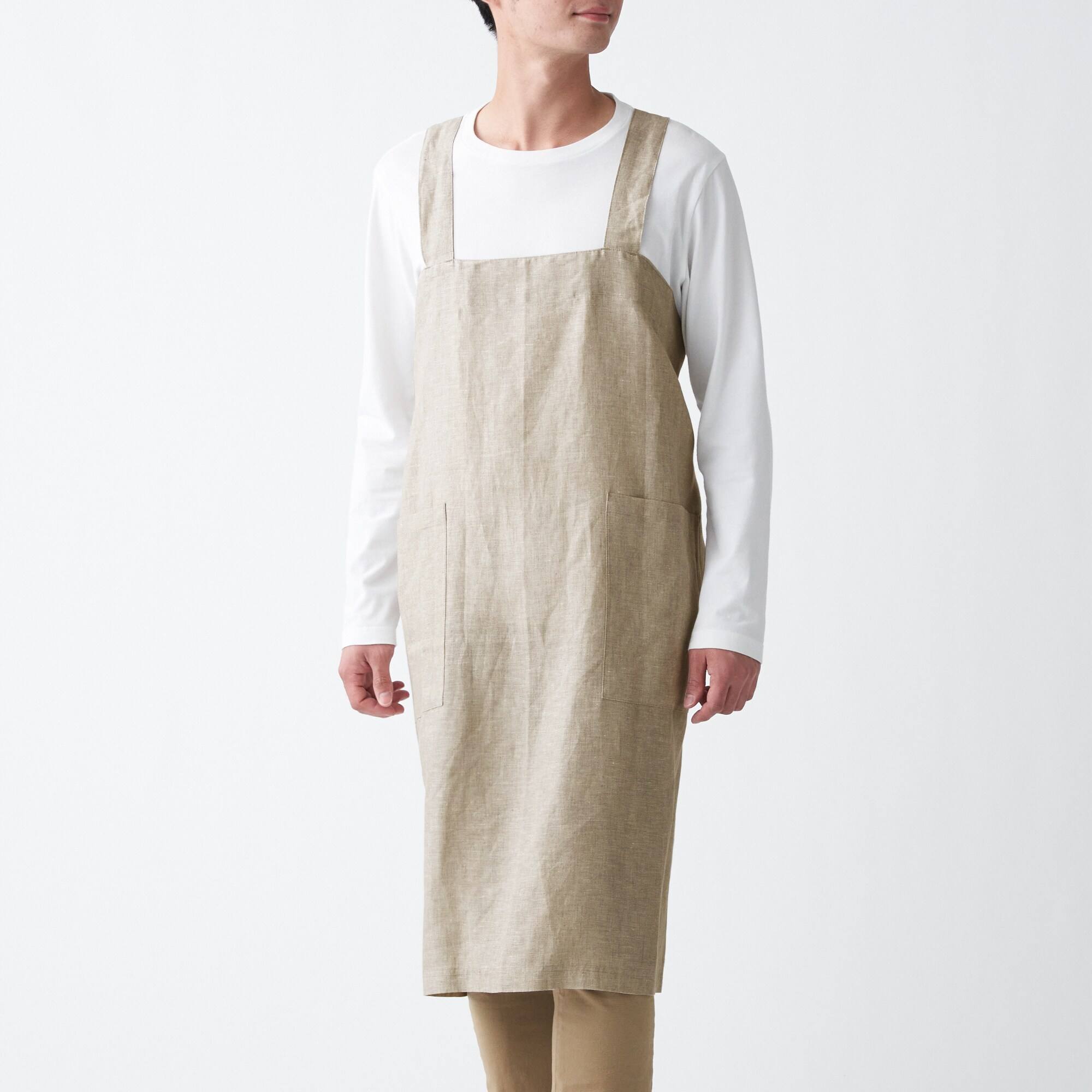 LINEN PLAIN WEAVE SHOULDER STRAP APRON / L / ECRU
