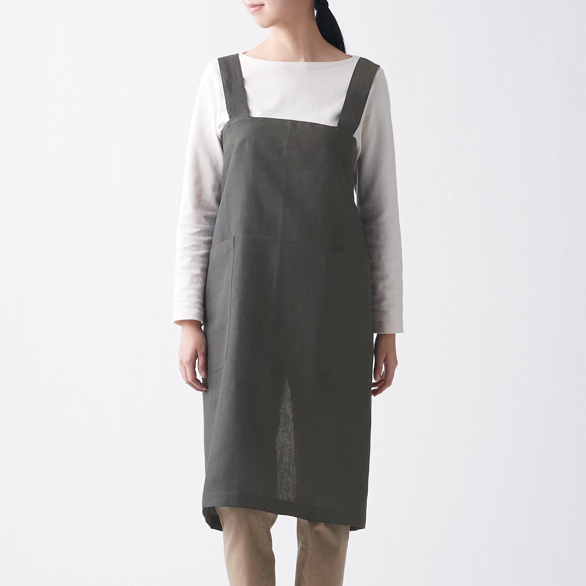 MUJI | LINEN PLAIN WEAVE SHOULDER STRAP APRON / M / BLACK