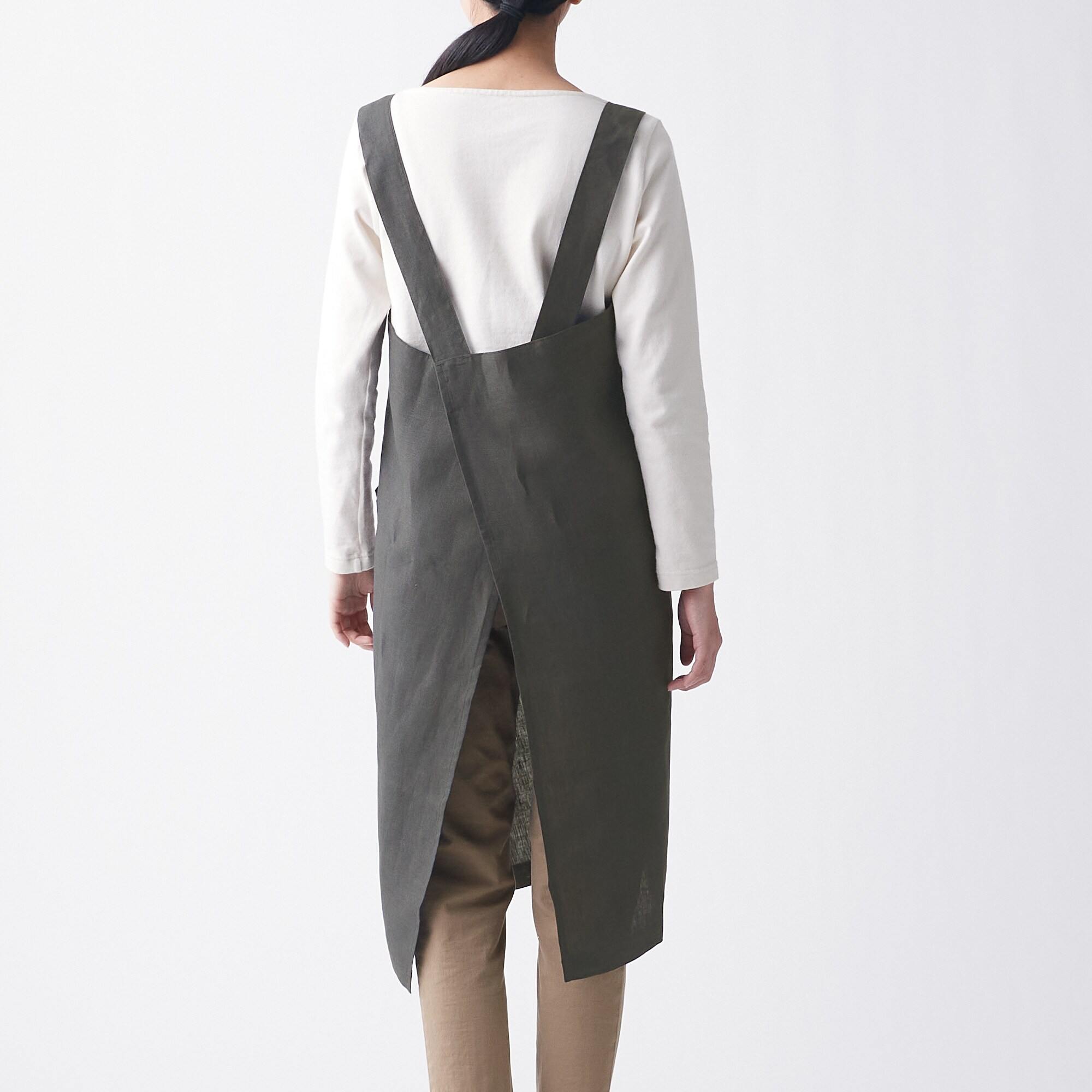 MUJI | LINEN PLAIN WEAVE SHOULDER STRAP APRON / M / BLACK