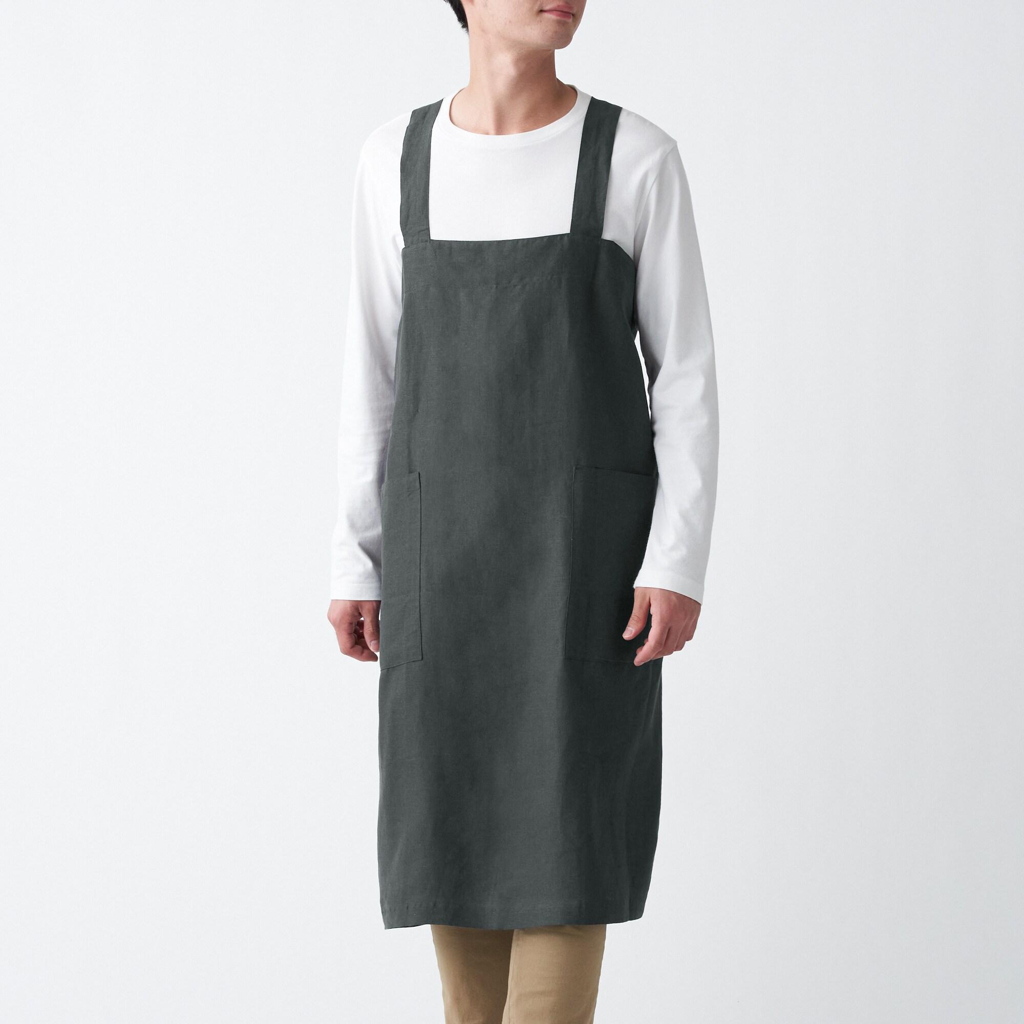 LINEN PLAIN WEAVE SHOULDER STRAP APRON / L / BLACK