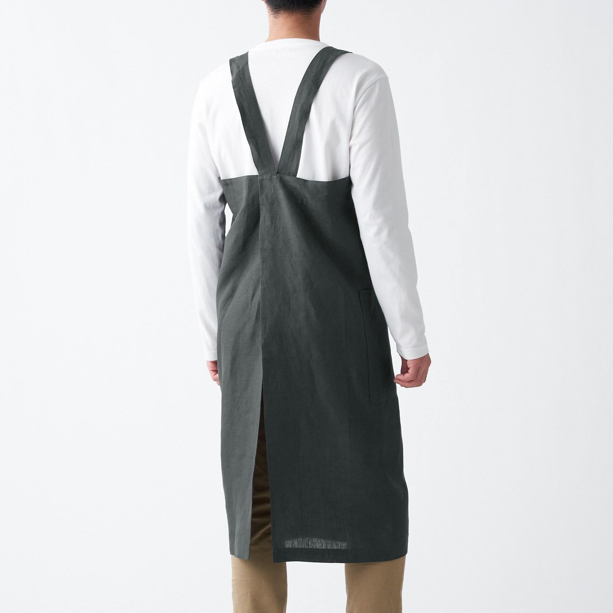 LINEN PLAIN WEAVE SHOULDER STRAP APRON / L / BLACK