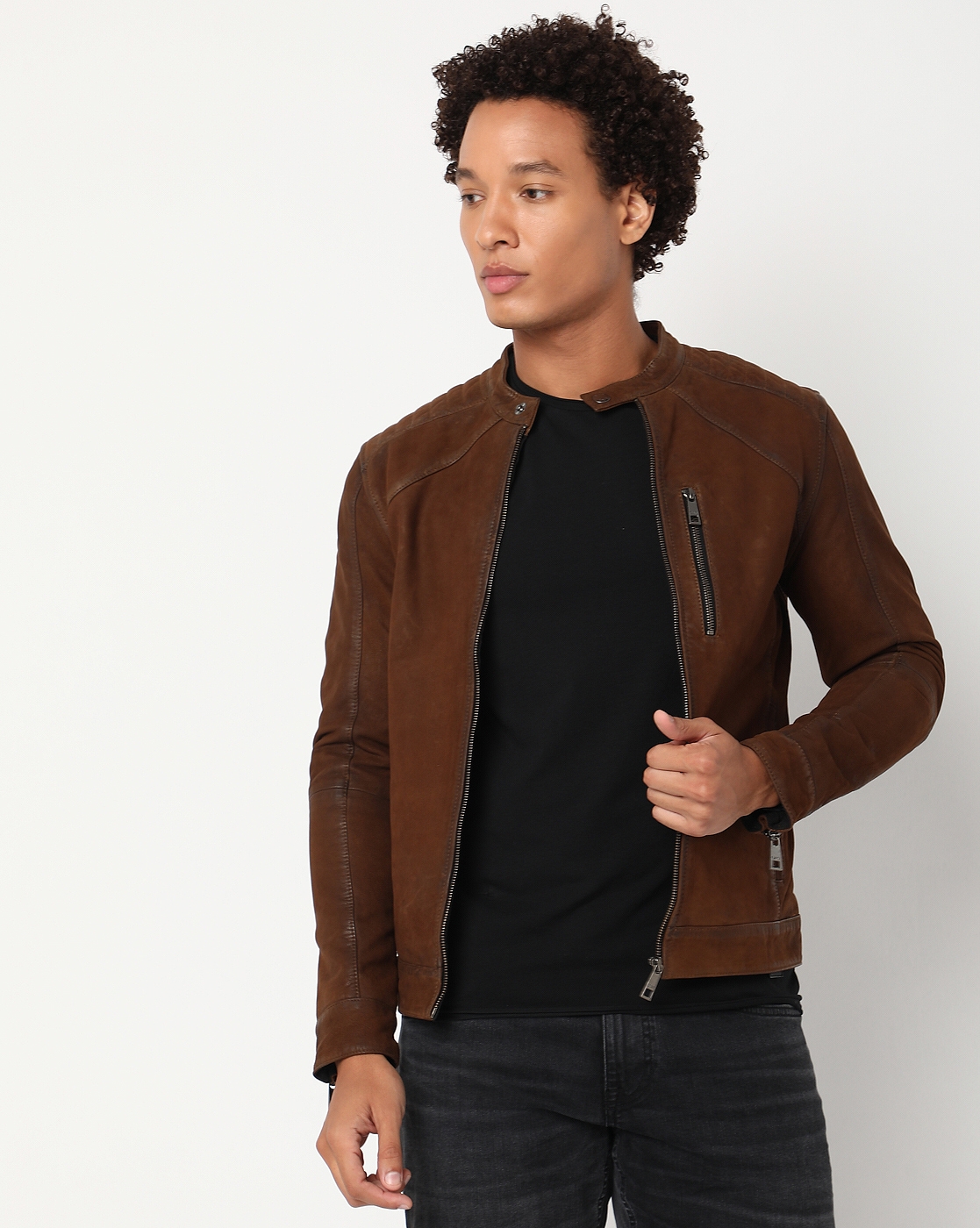 Regular Fit Full Sleeve Mandarin Collar Solid Leather Jacket