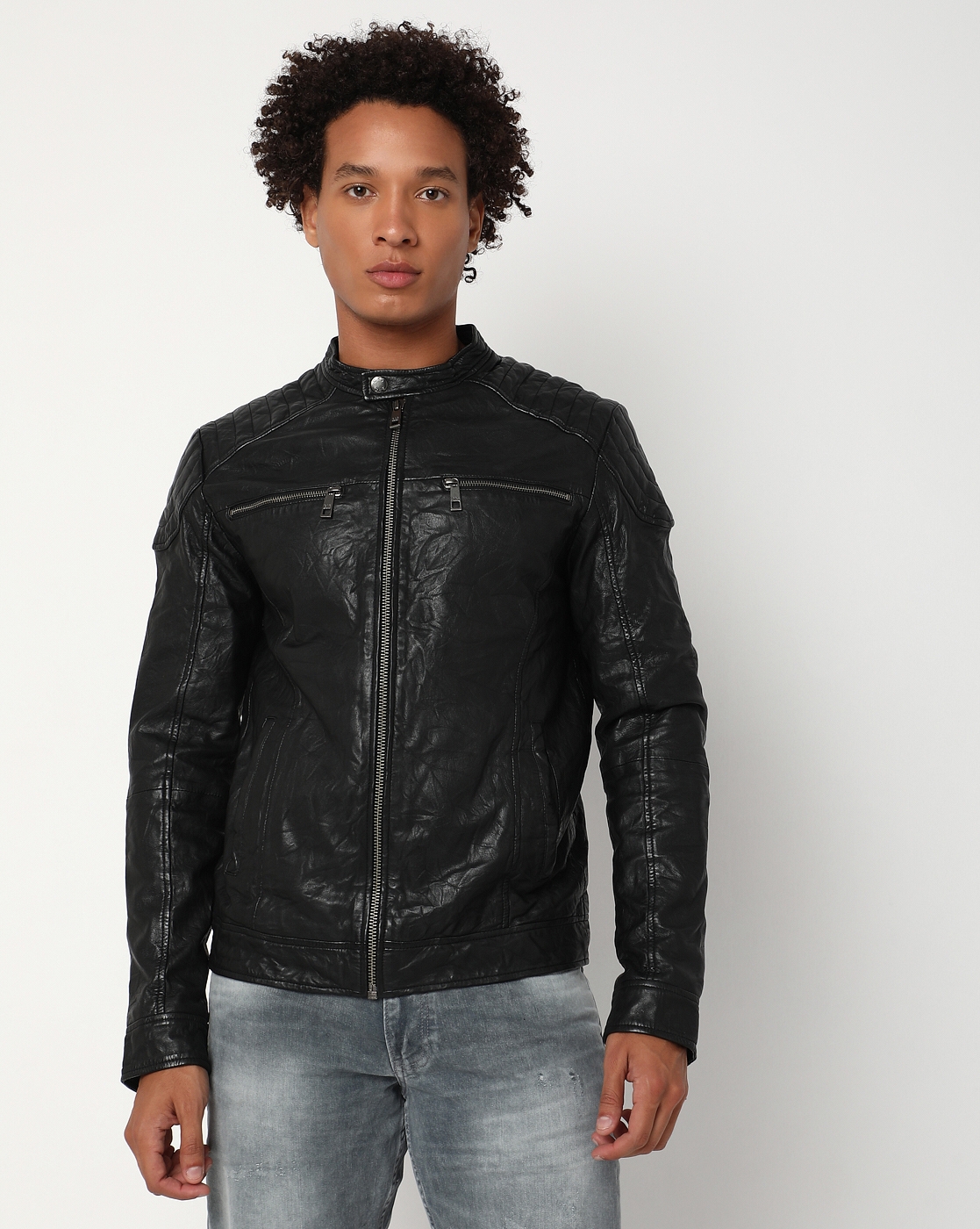 Regular Fit Full Sleeve Mandarin Collar Solid Leather Jacket