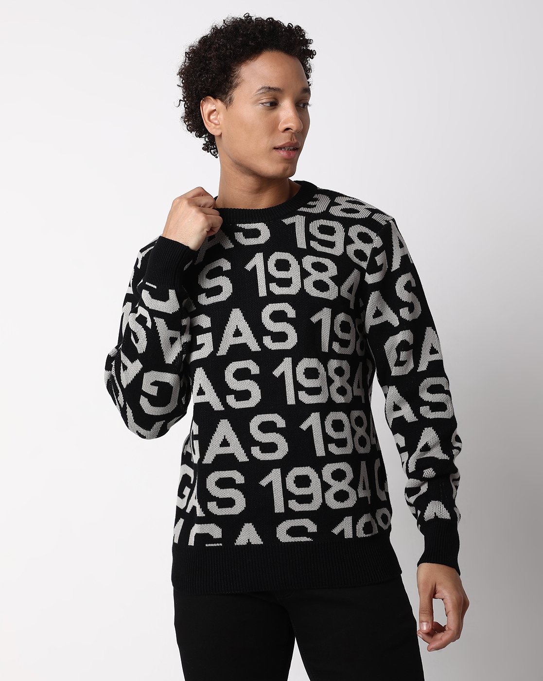 GAS | Regular Fit Full Sleeve Rib Neck All Over Printed Cotton Sweater