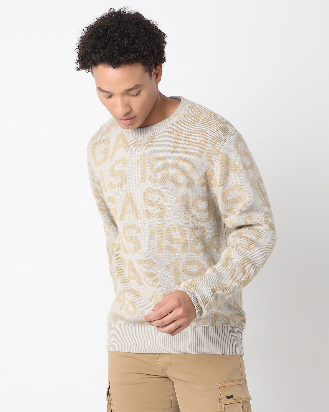GAS | Regular Fit Full Sleeve Rib Neck All Over Printed Cotton Sweater