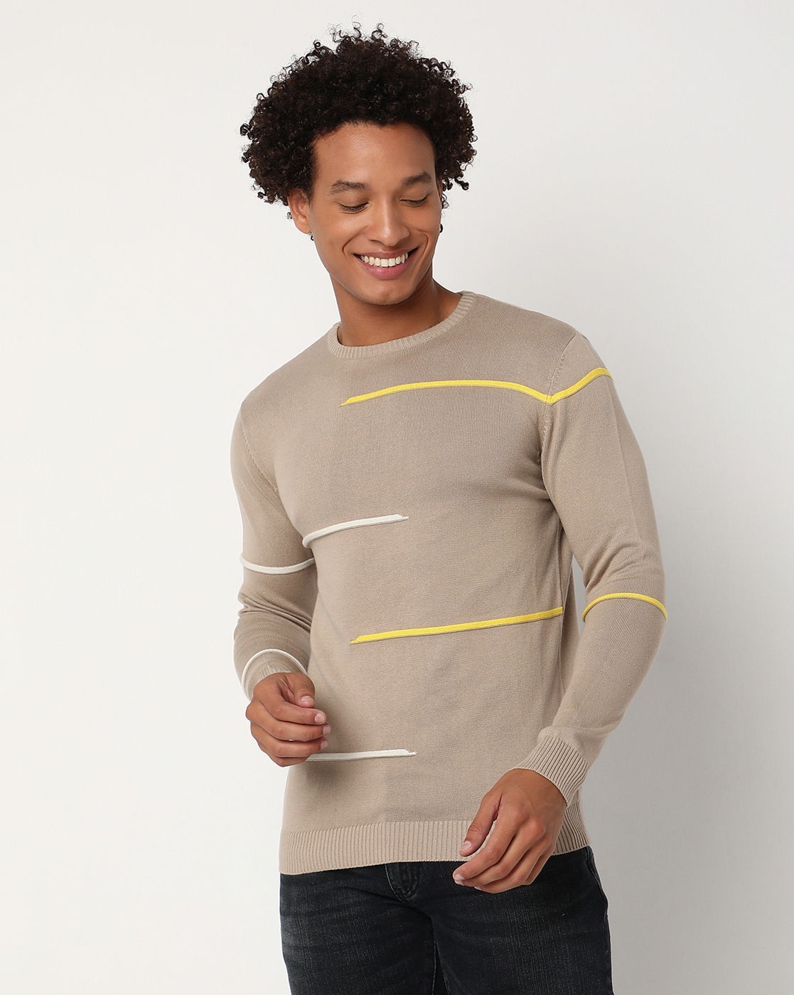GAS | Regular Fit Full Sleeve Rib Neck Stripe Cotton Sweater