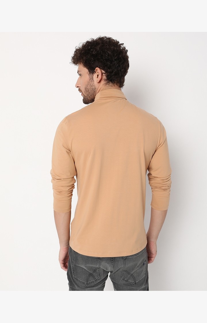 Slim Fit Full-Length Turtle Neck Solid Cotton Lycra T-Shirt