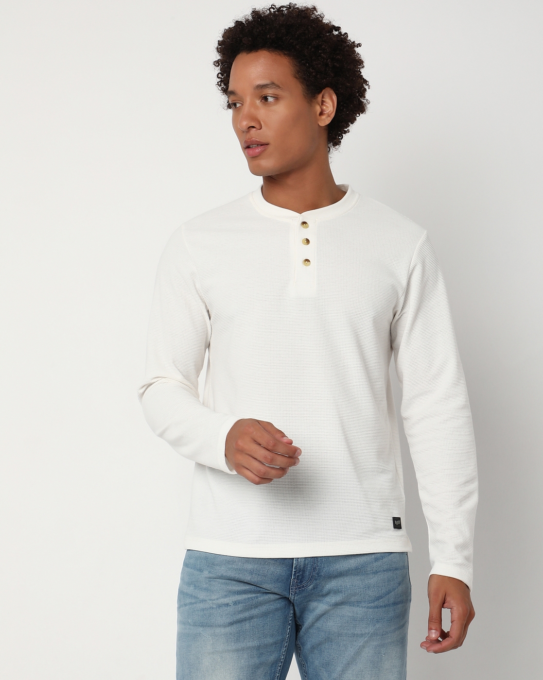 Regular Fit Full Sleeve Henley Neck Solid Cotton T-Shirt