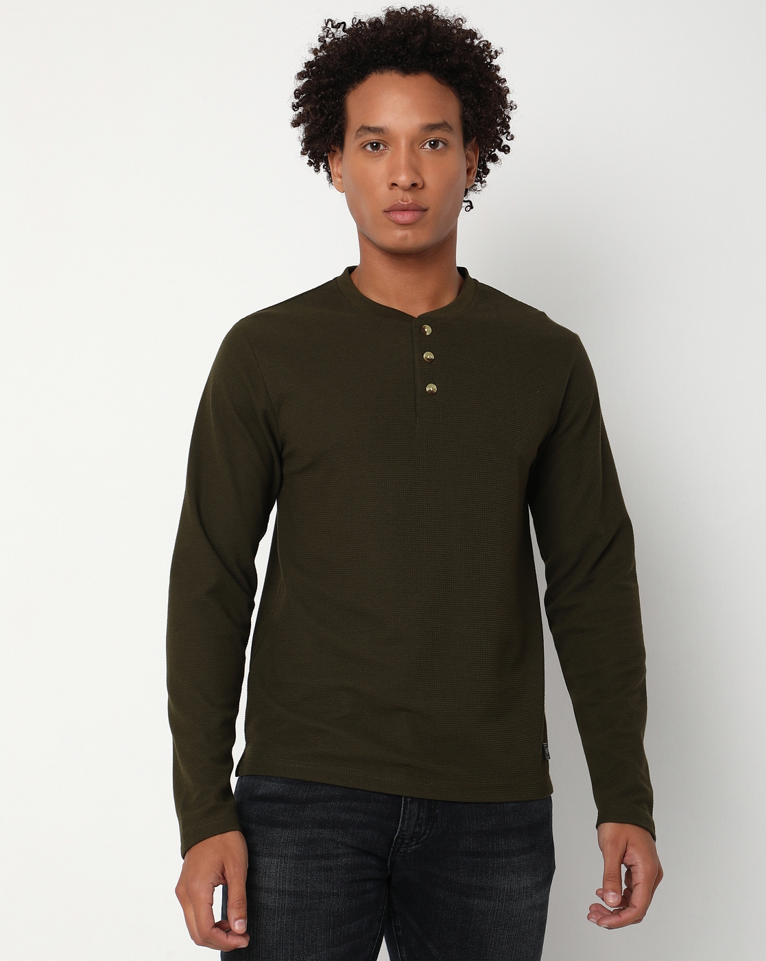GAS | Regular Fit Full Sleeve Henley Neck Solid Cotton T-Shirt