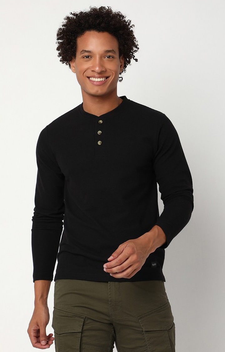 Regular Fit Full Sleeve Henley Neck Solid Cotton T-Shirt