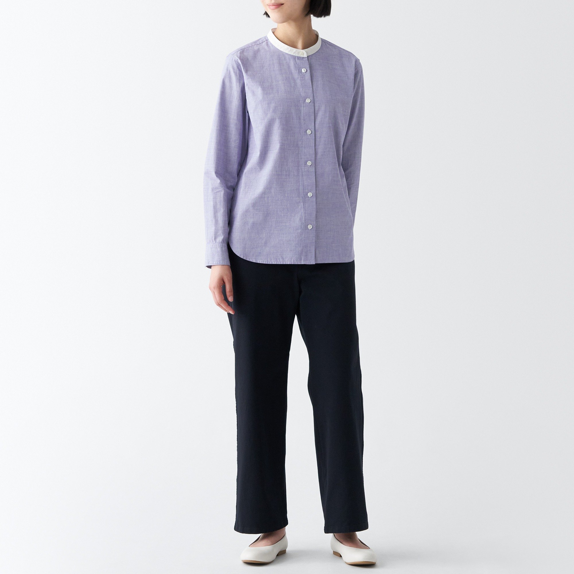 Washed broadcloth Stand collar Long Sleeve shirt
