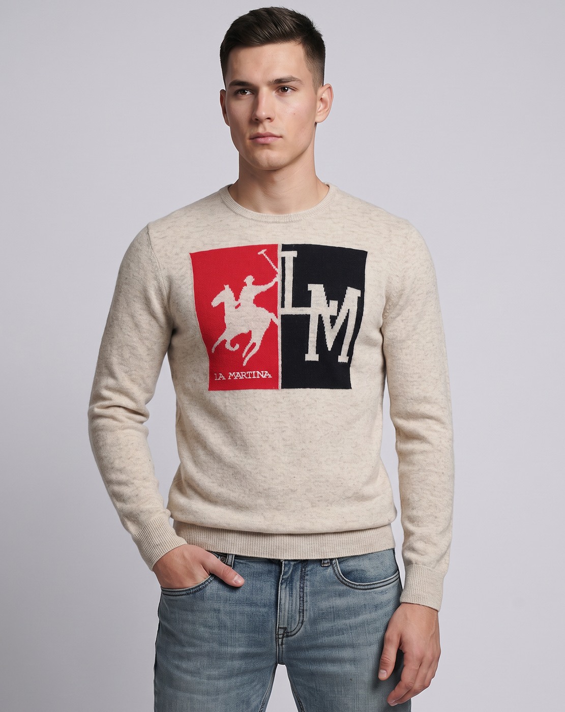 La Martina Men's Long-Sleeved Round-Neck Lambswool Graphic Sweater