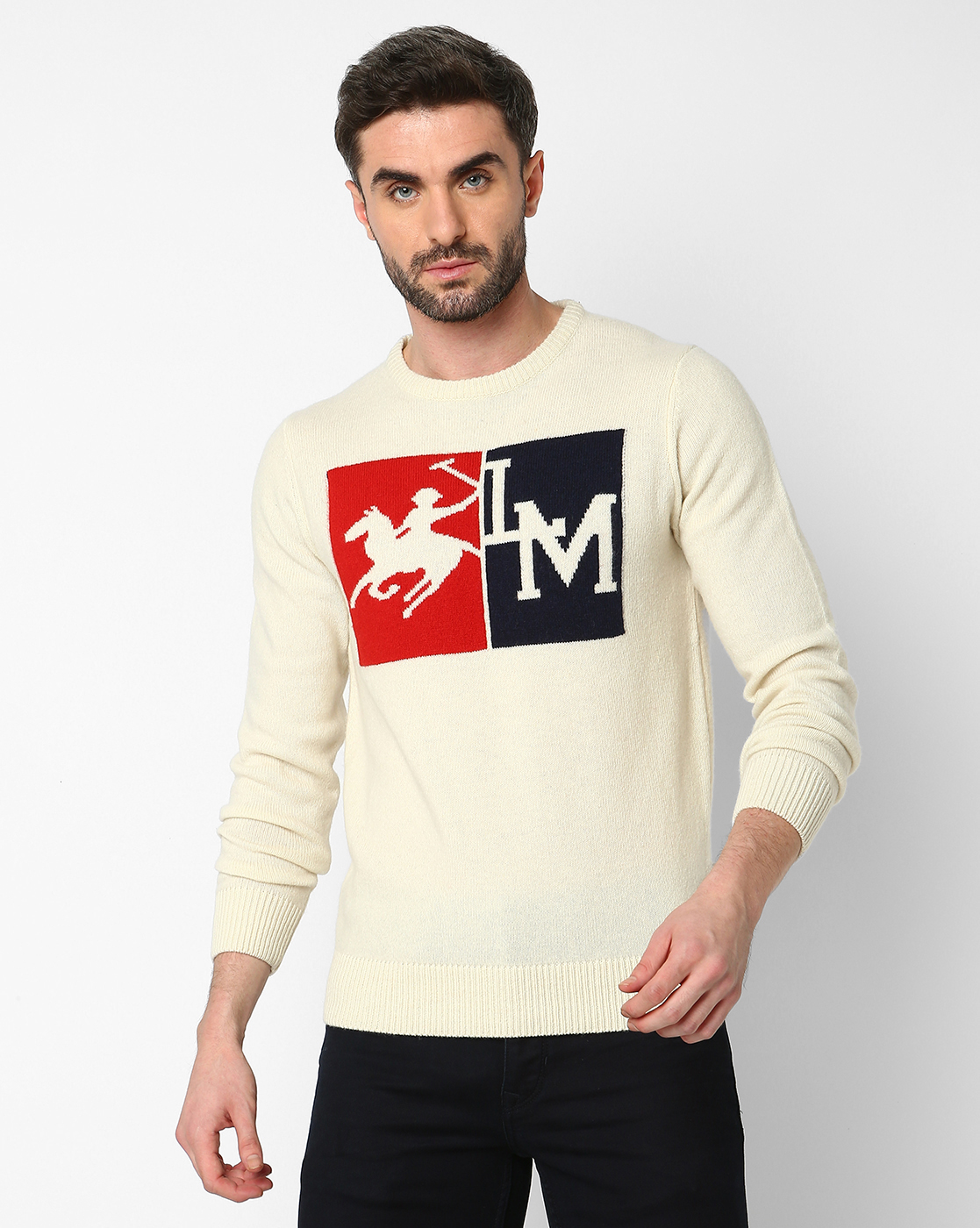 La Martina Men's Long-Sleeved Round-Neck Lambswool Graphic Sweater