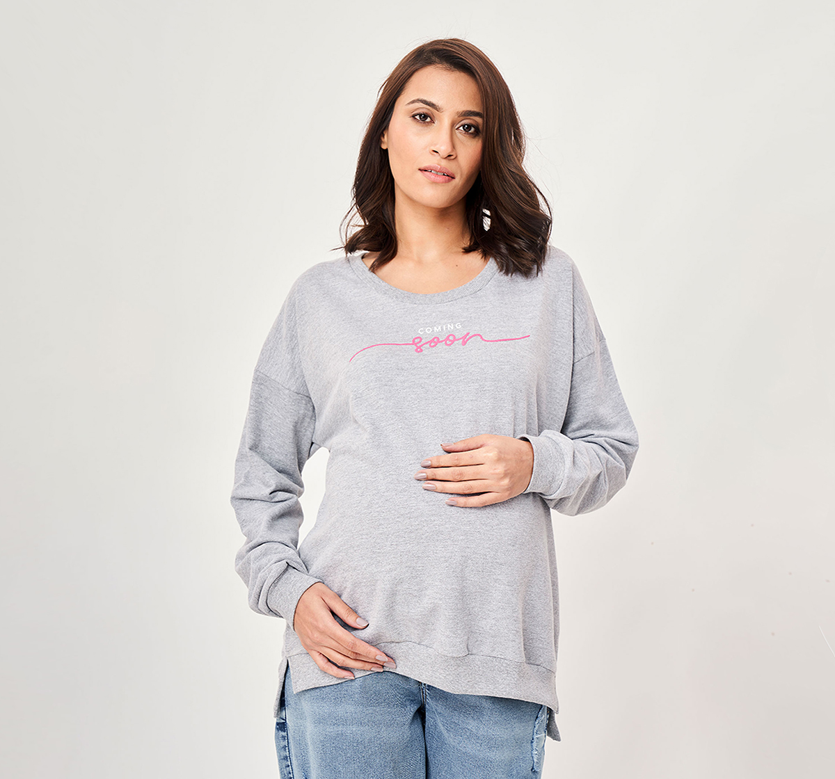 Ed-A-Mamma  Women Chest Printed Full Sleeves Sweatshirt -Grey
