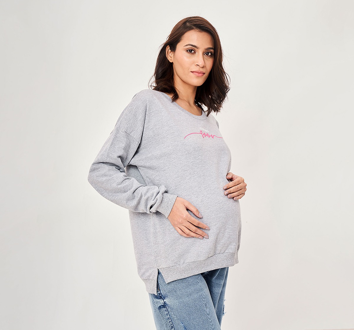 Ed-A-Mamma  Women Chest Printed Full Sleeves Sweatshirt -Grey