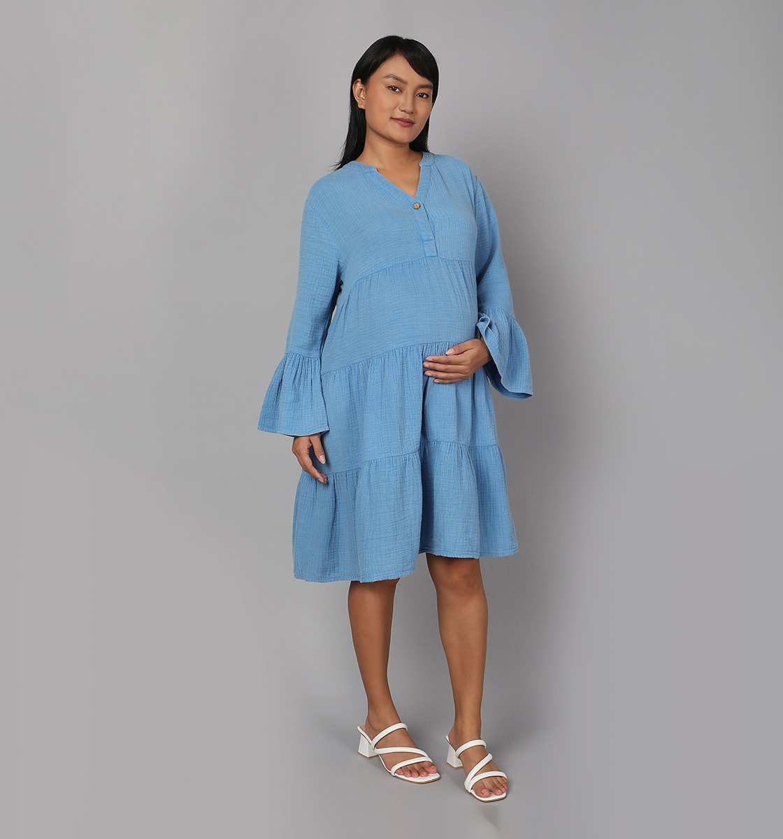 Maternity Knee Length Dress - Blue