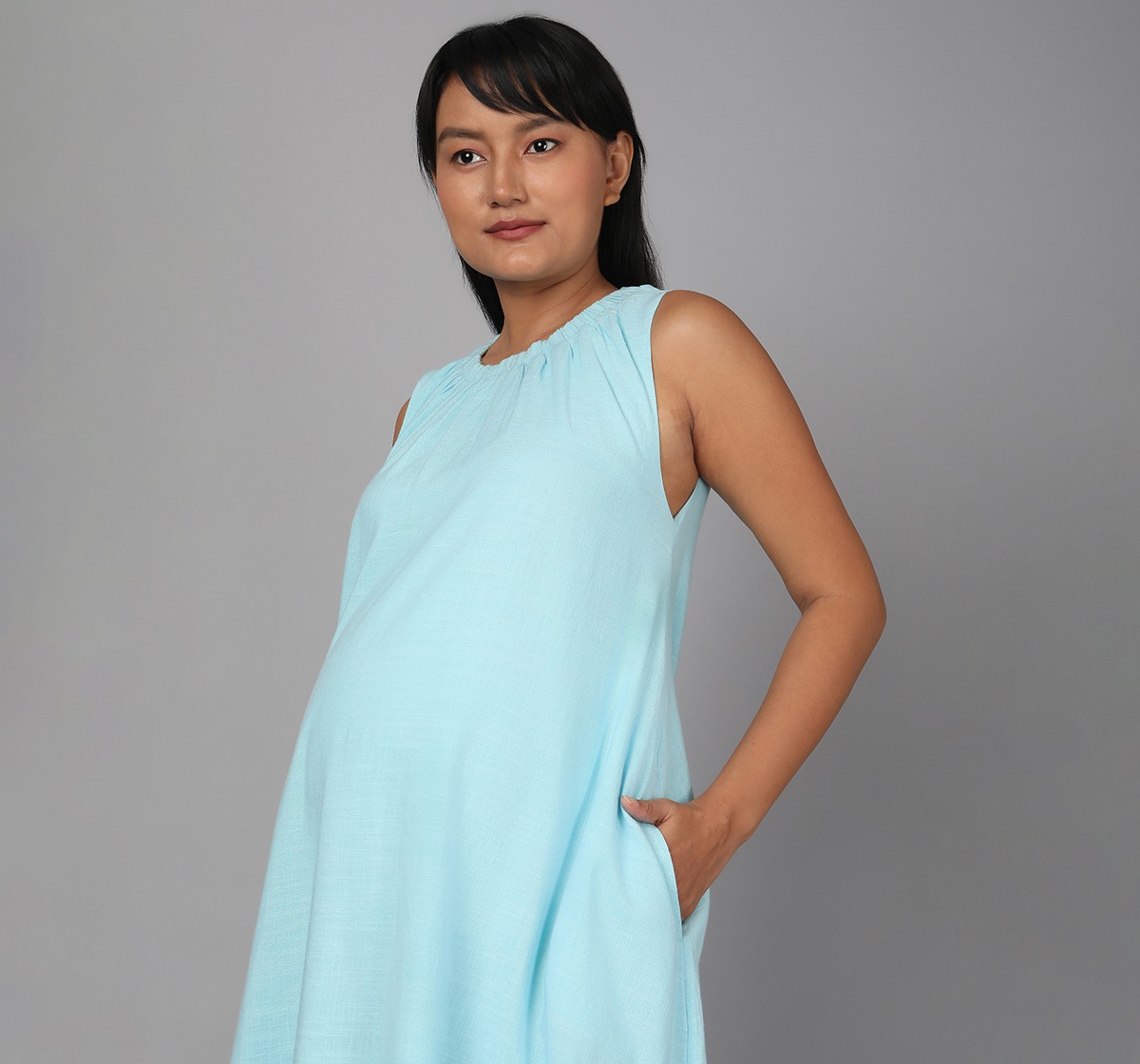 Maternity Pleated Sleeveless Dress - Light Blue
