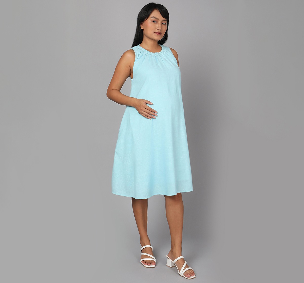 Maternity Pleated Sleeveless Dress - Light Blue