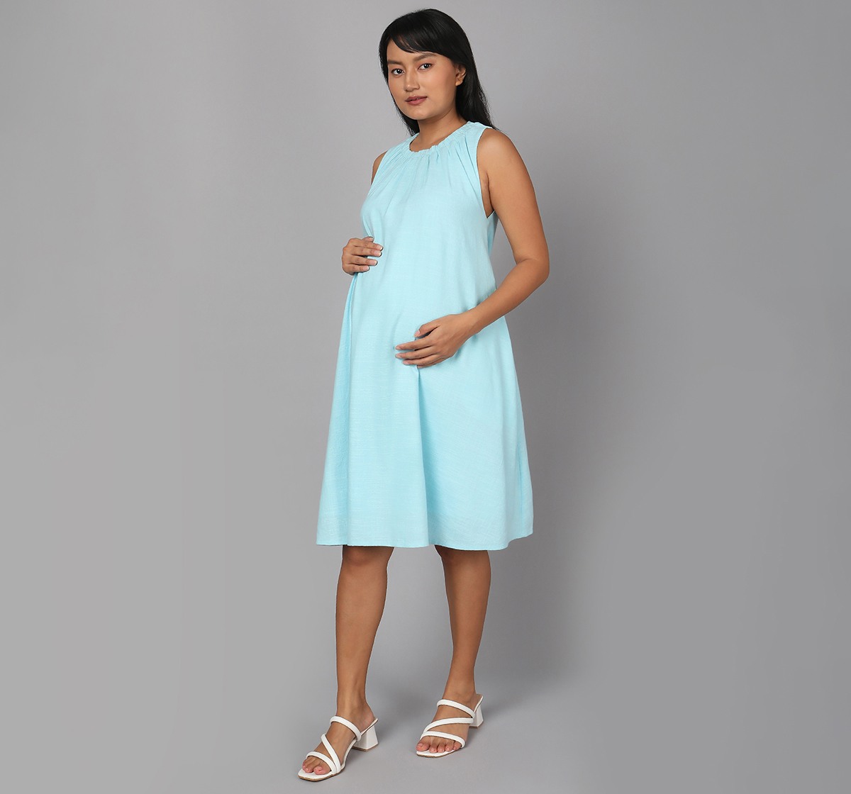 Maternity Pleated Sleeveless Dress - Light Blue