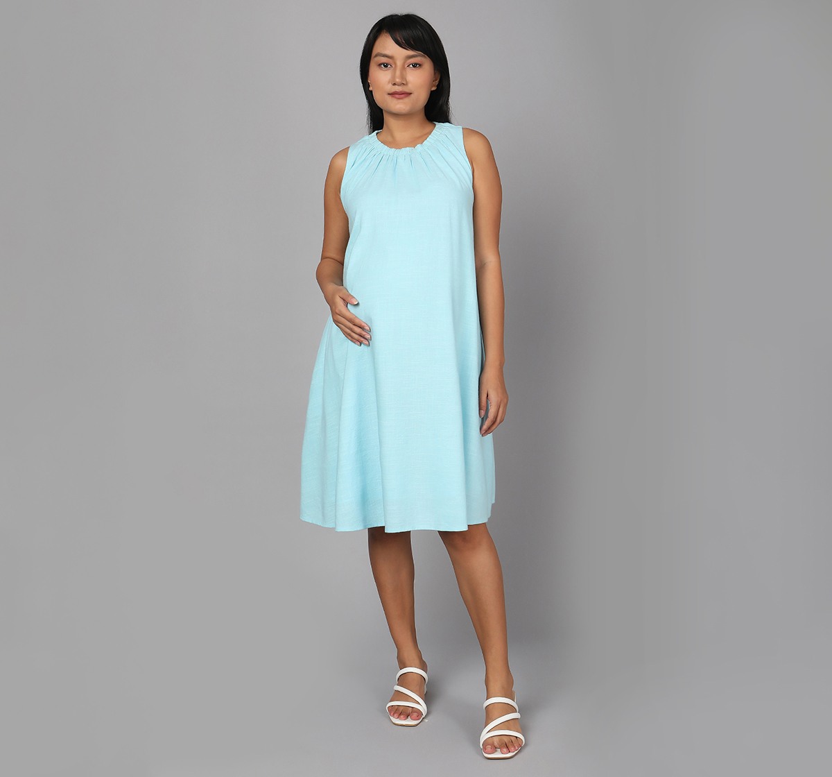 Maternity Pleated Sleeveless Dress - Light Blue