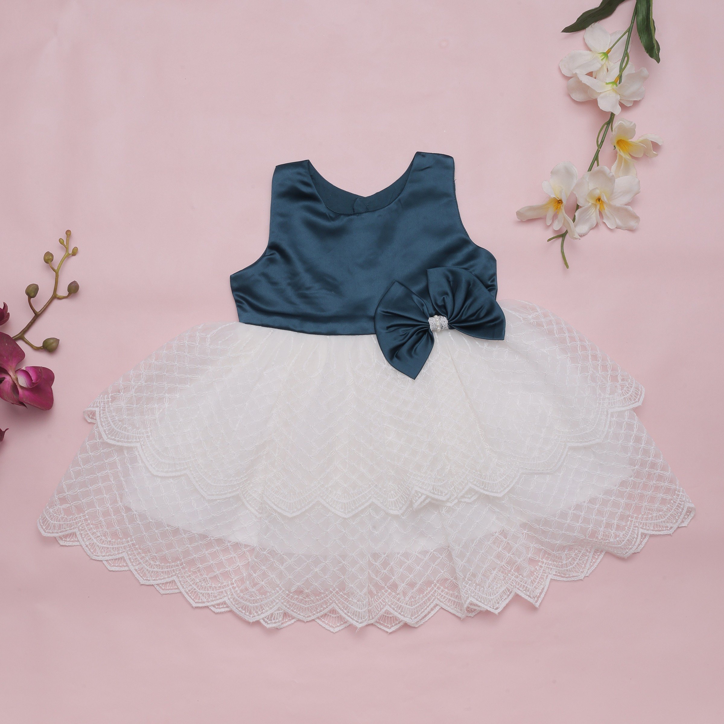 White Nursery Girls Layered Sleeveless Dress  With Bow Accent - Navy