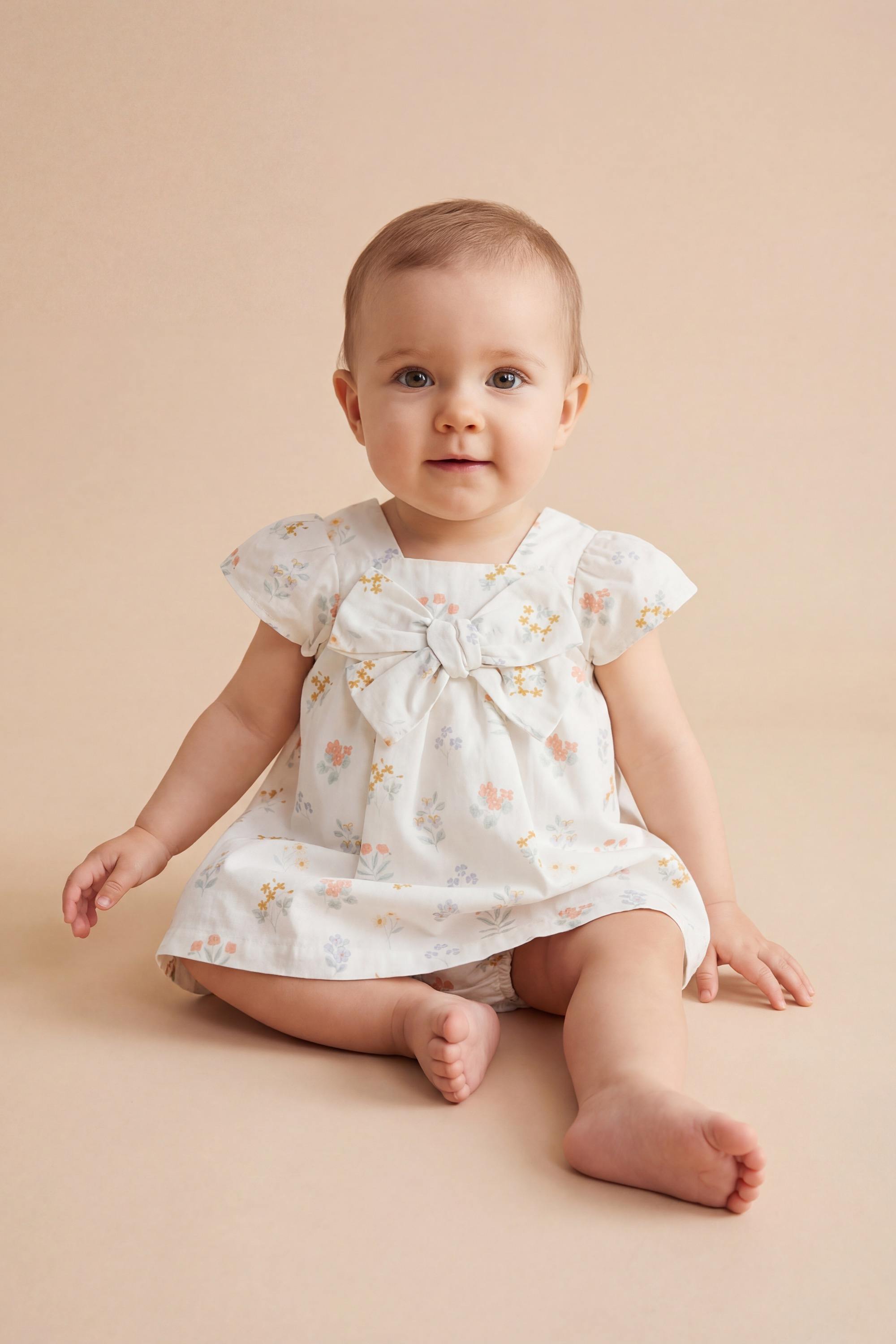Mothercare Newborn Girls Floral Dawn Printed Short Sleeves Dress with  Knickers - Cream