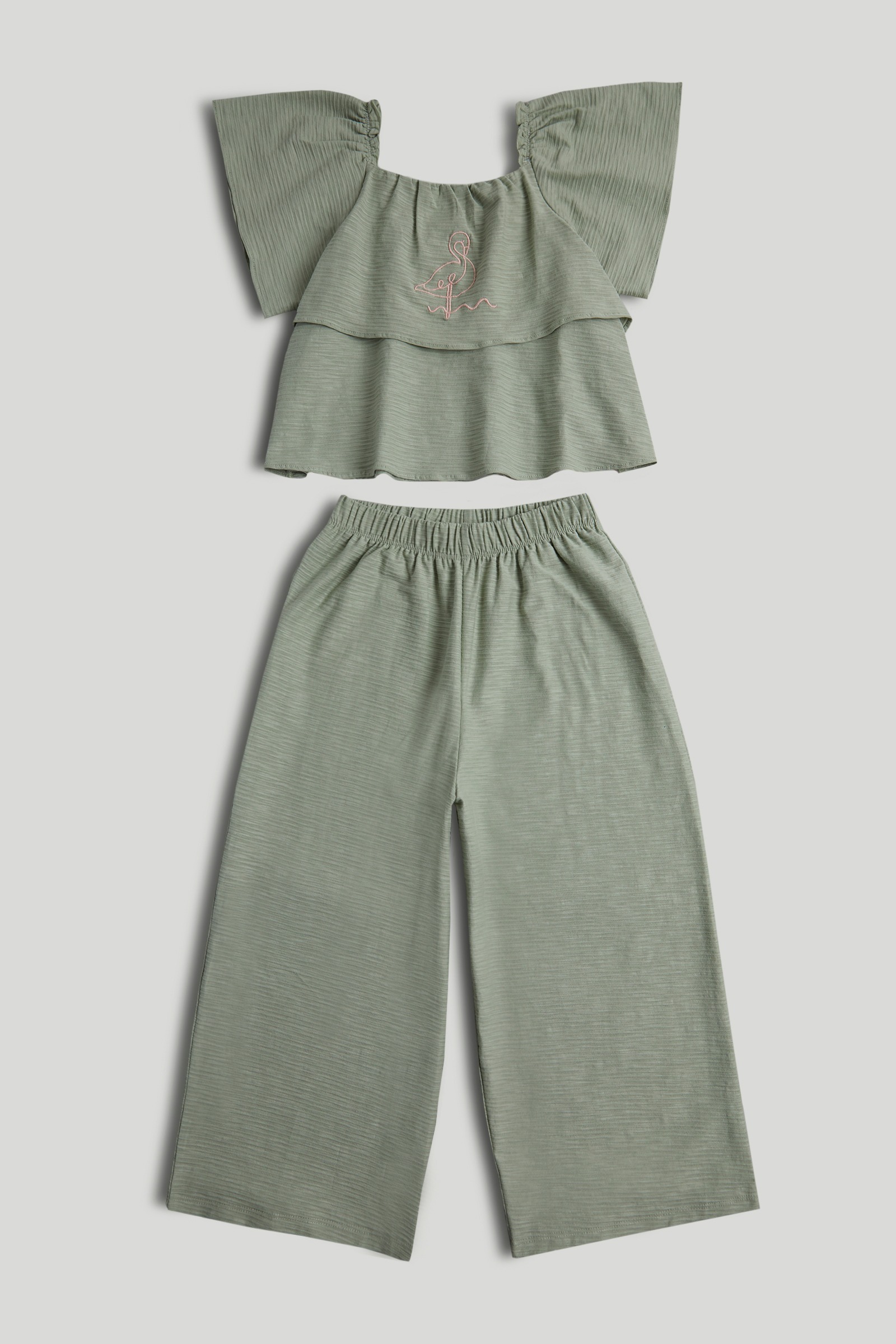 Mothercare Junior Girls Floral Fancy Short Sleeves 2-Piece Top and Trousers Set - Green
