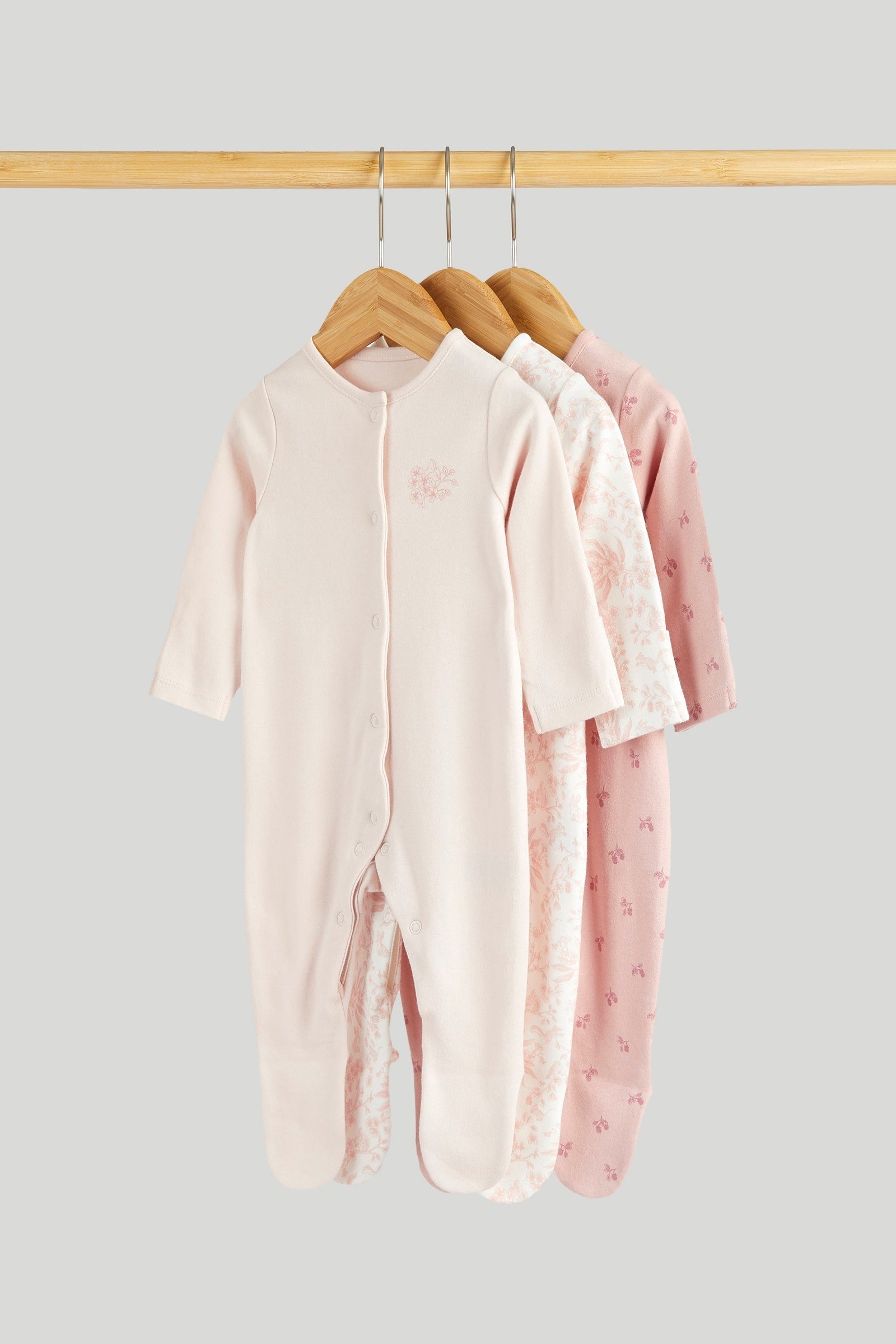Mothercare Essentials Girls Printed Full Sleeve Sleepsuits - Pack of 3 - Pink