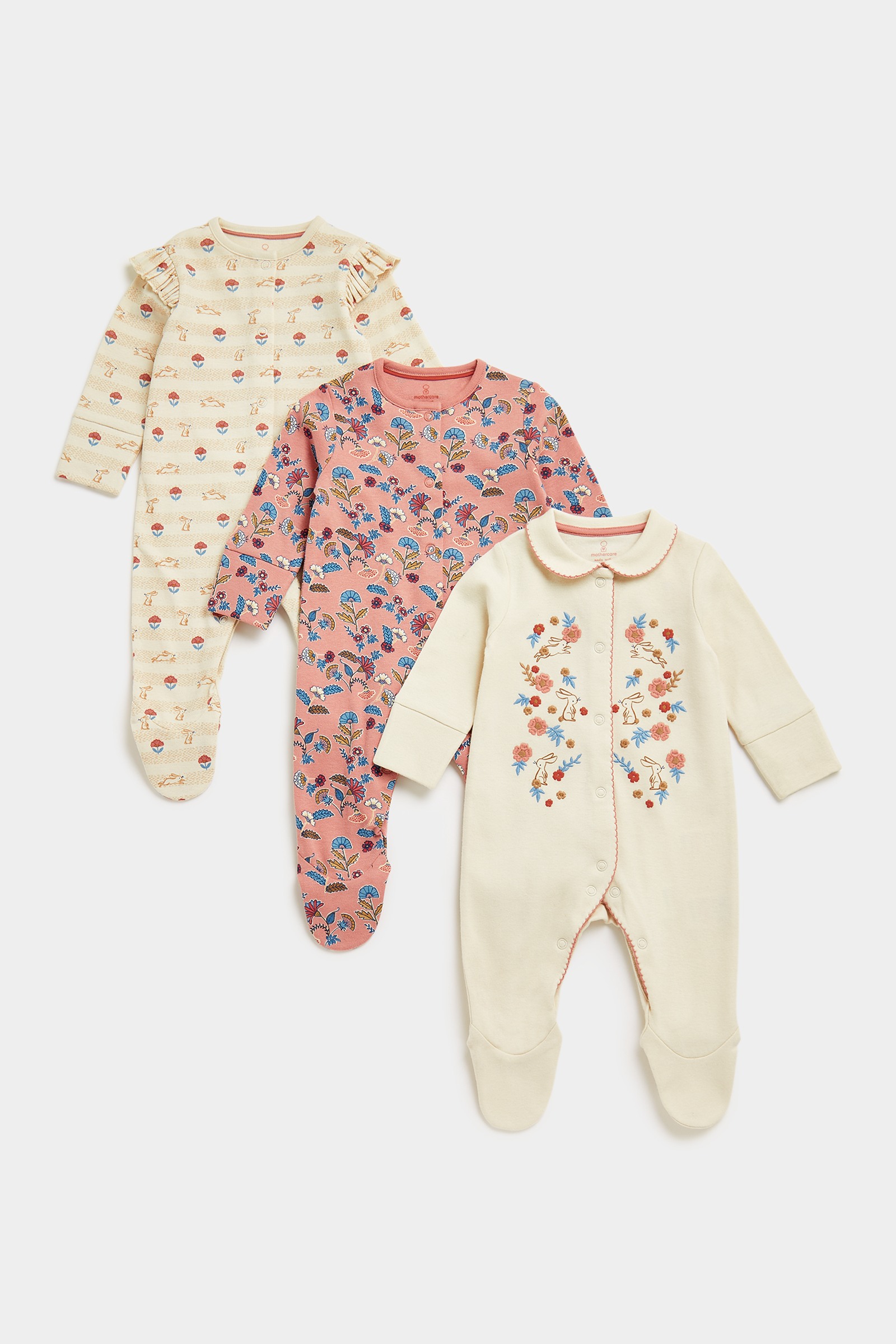 Mothercare Girls Essential Printed Full Sleeves Sleepsuit - Pack of 3 - Multi