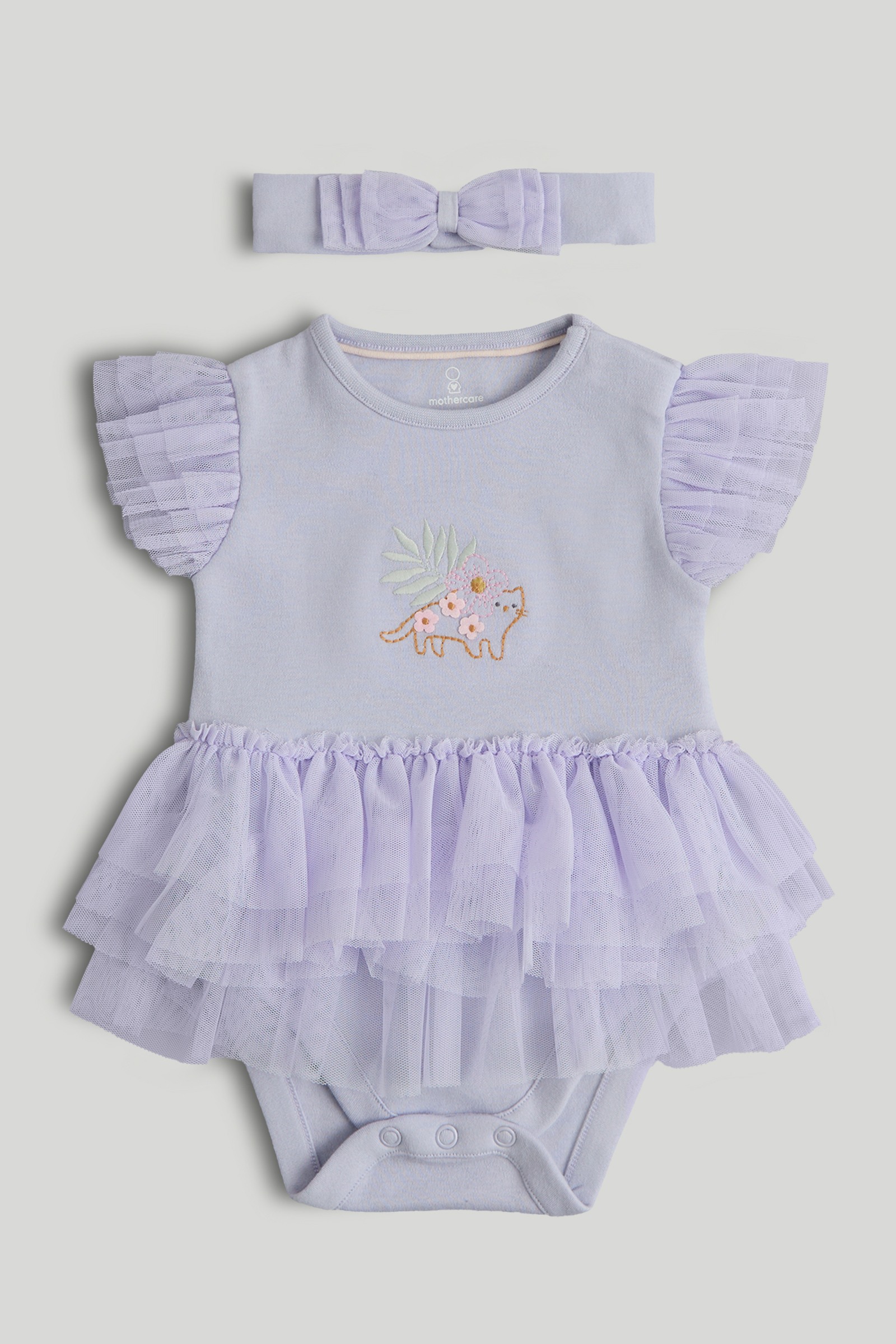 Mothercare Newborn Girls Soft Tropics Printed Bodysuit with Headband - Lavendar