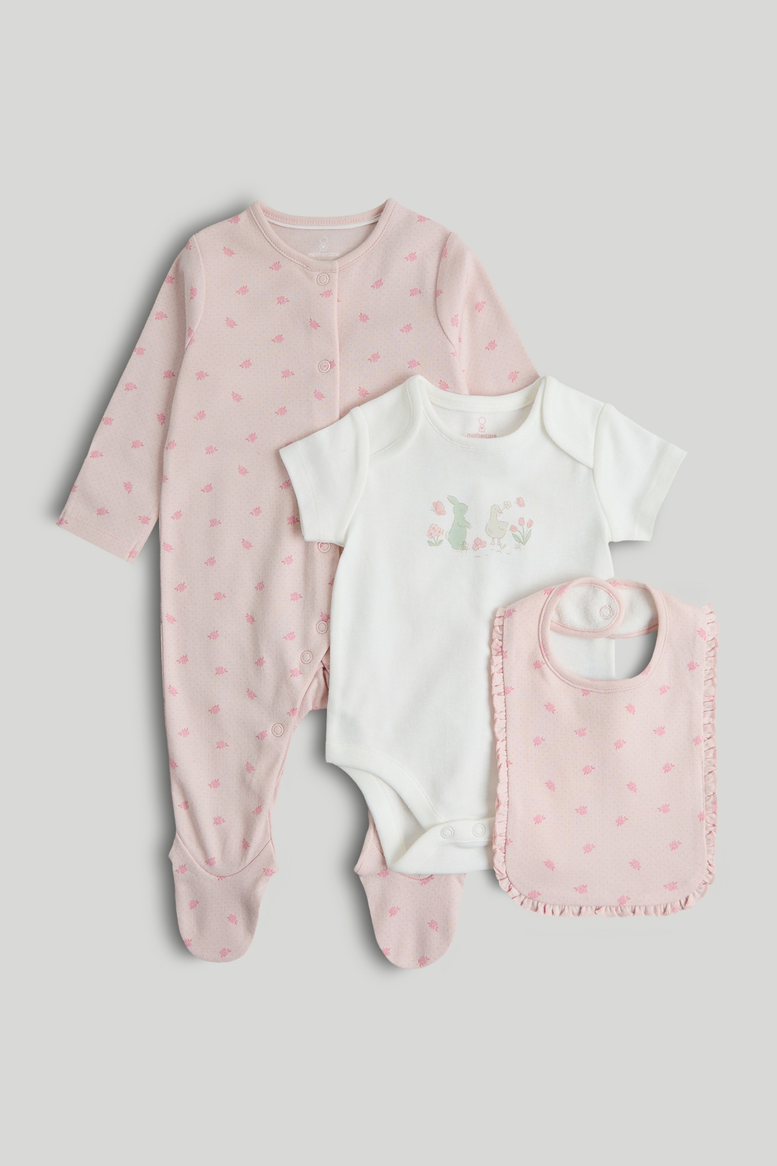 Mothercare My First Girls Little Goose Printed Sleepsuit and Bodysuit with Bib Set - Multi